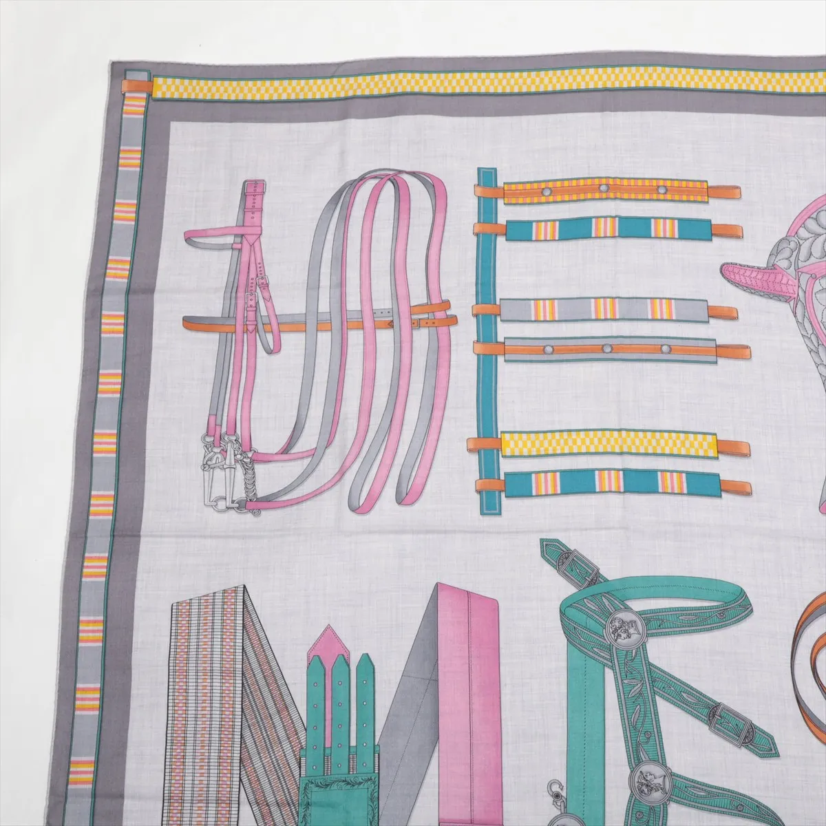 Carre Géant Lettres Equestres Stole, Cashmere x Silk, Gray, Slight wear and snags. — view 2