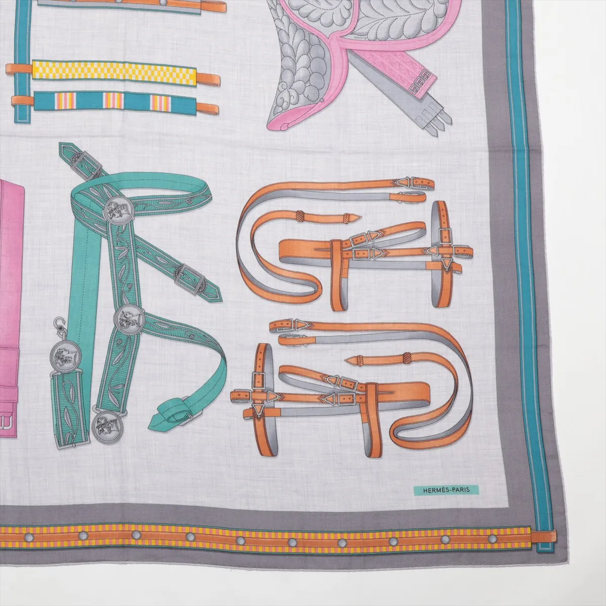 Carre Géant Lettres Equestres Stole, Cashmere x Silk, Gray, Slight wear and snags. — view 4