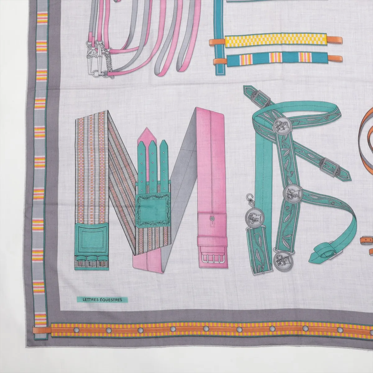 Carre Géant Lettres Equestres Stole, Cashmere x Silk, Gray, Slight wear and snags. — view 5