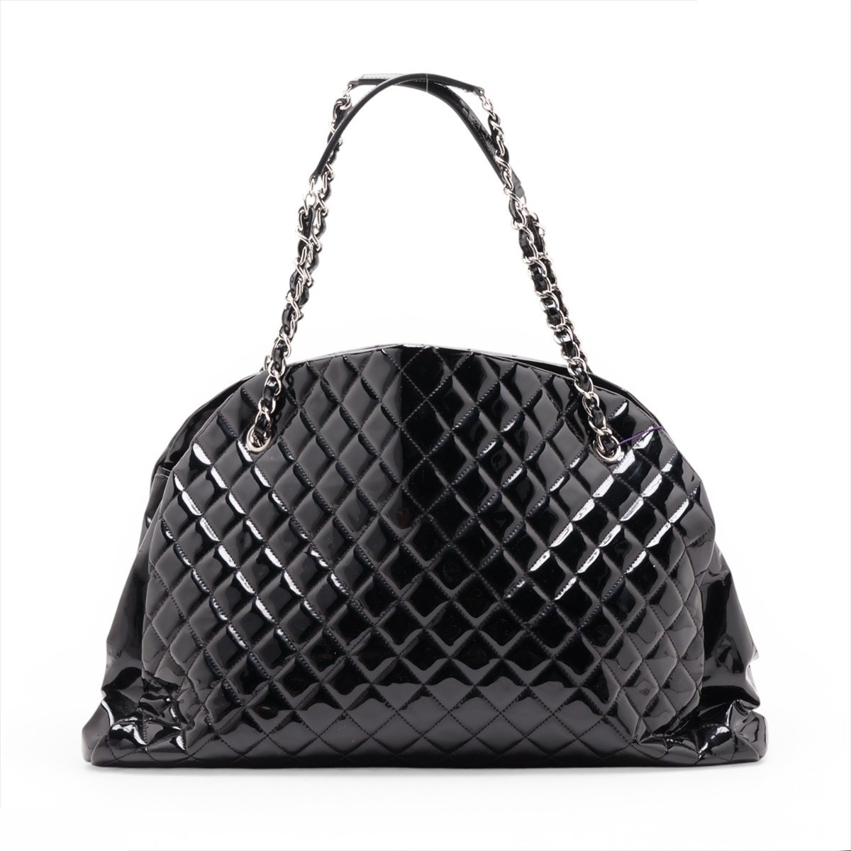 Mademoiselle Patent Leather Chain Tote Bag, Black/Silver — view 2