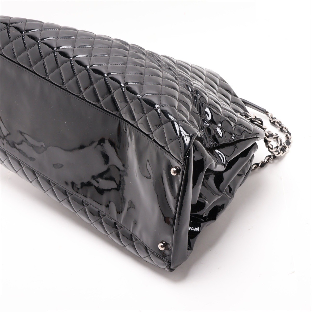 Mademoiselle Patent Leather Chain Tote Bag, Black/Silver — view 3