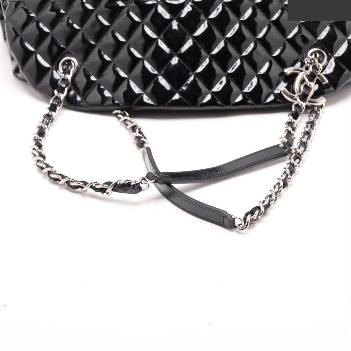 Mademoiselle Patent Leather Chain Tote Bag, Black/Silver — view 5
