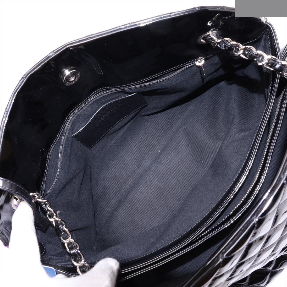 Mademoiselle Patent Leather Chain Tote Bag, Black/Silver — view 7