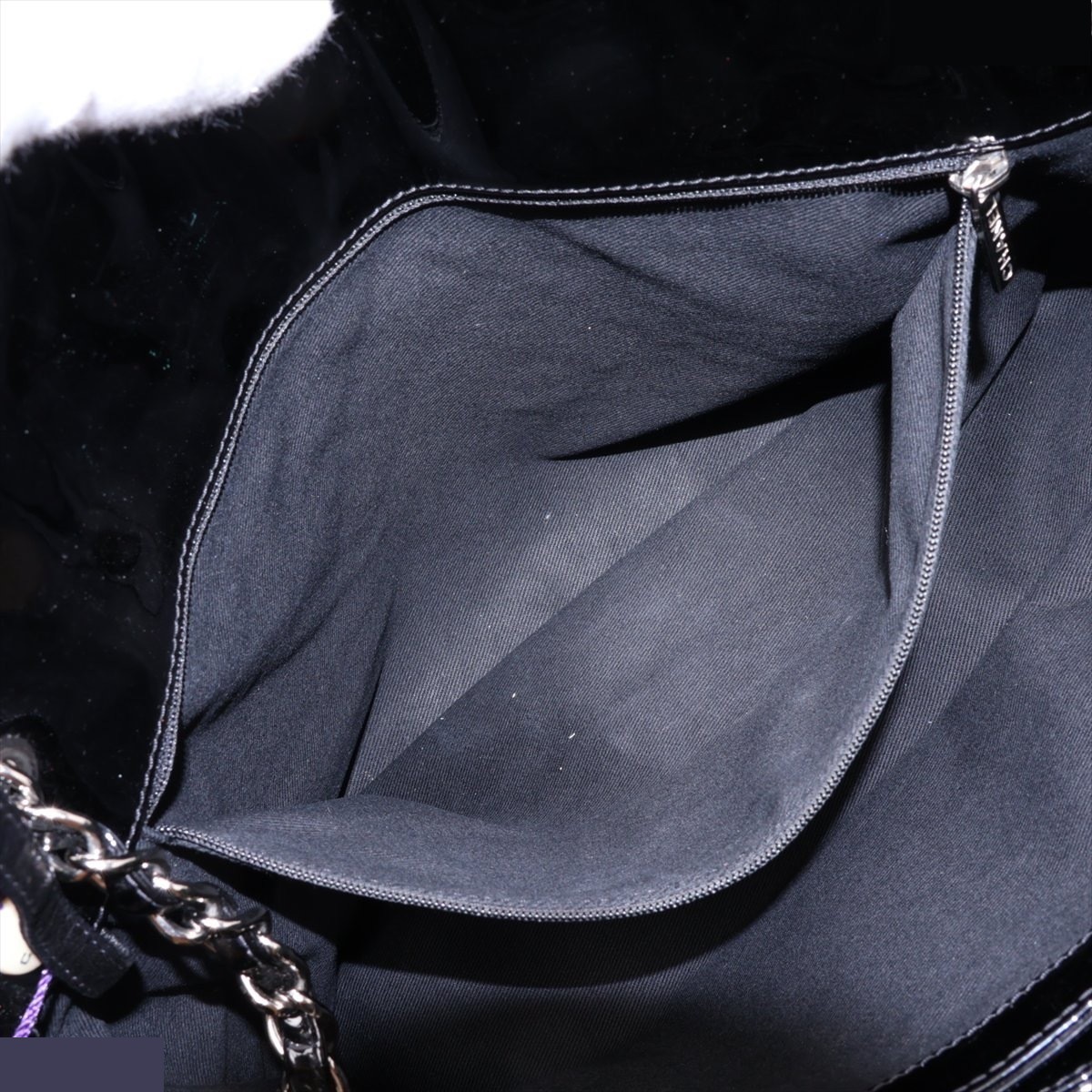 Mademoiselle Patent Leather Chain Tote Bag, Black/Silver — view 8
