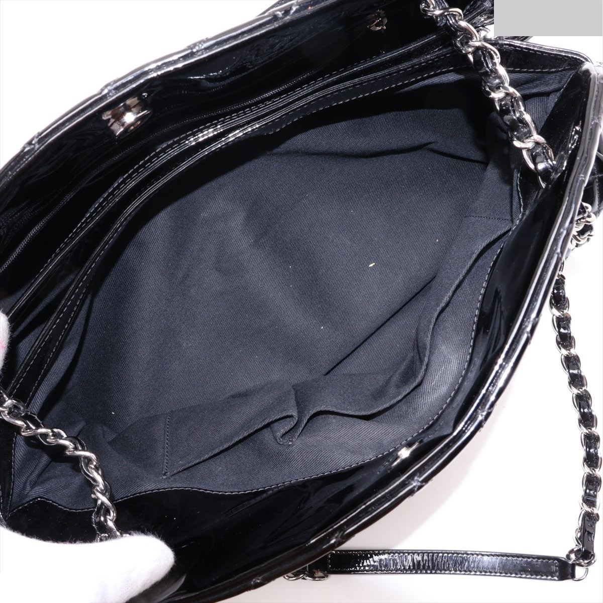 Mademoiselle Patent Leather Chain Tote Bag, Black/Silver — view 9
