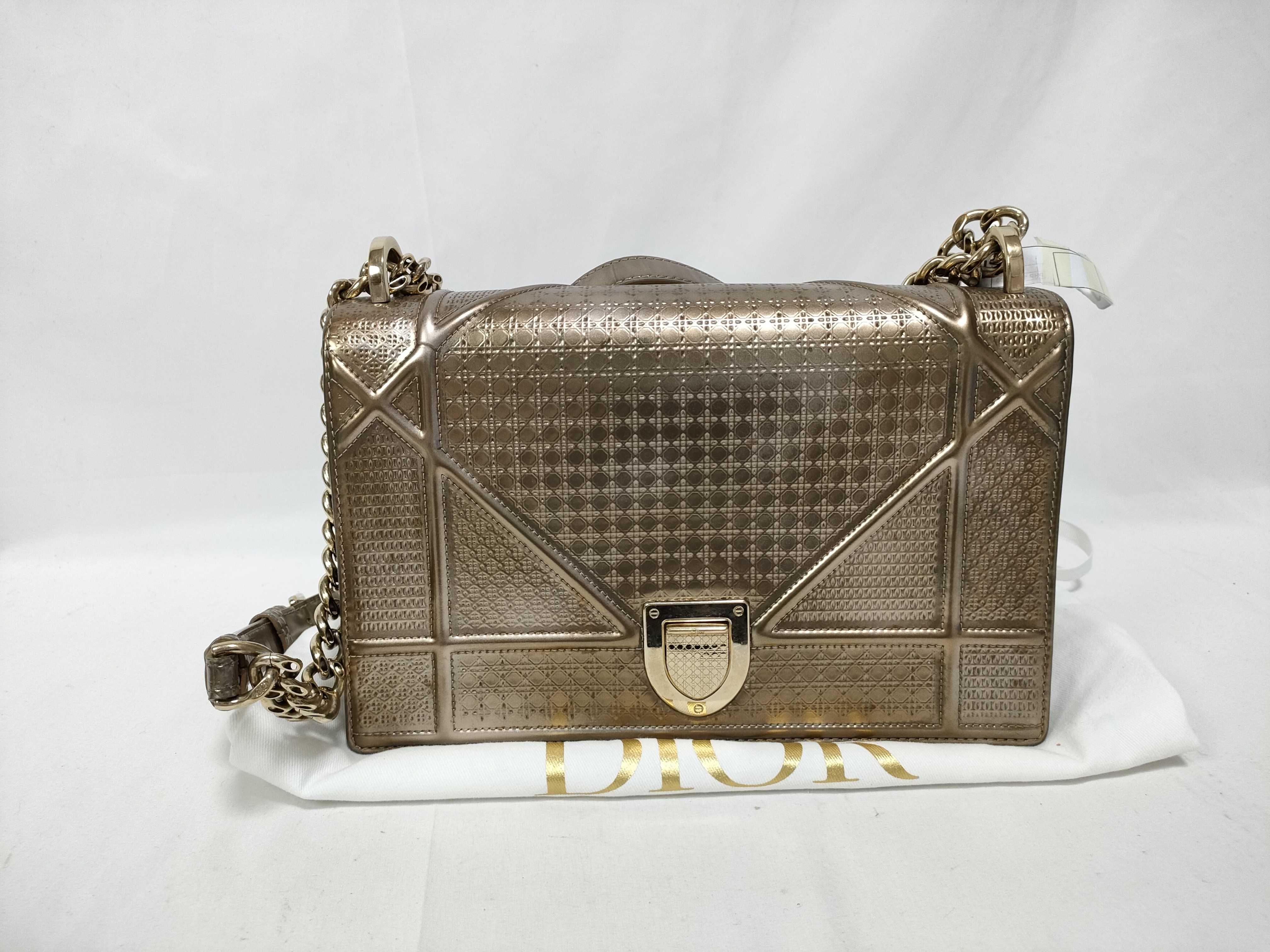 PH - Metallic Gold Micro Cannage Medium Diorama Flap Shoulder Bag Leather Shoulder Bag