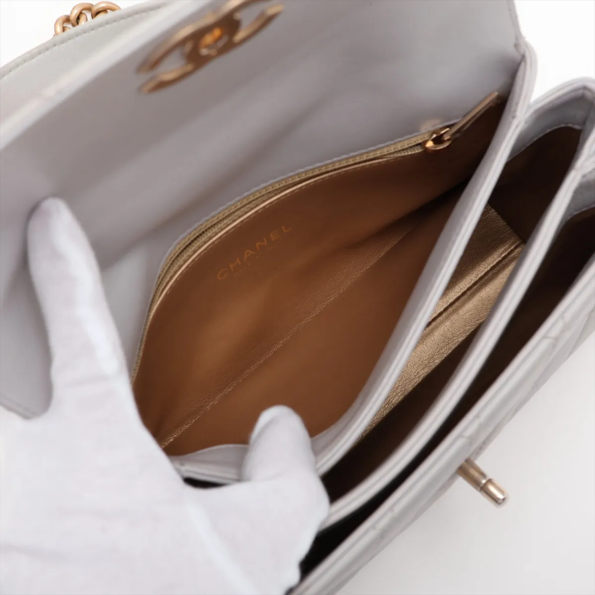Matelassé Lambskin 2-Way Handbag, Gray with Gold Hardware, Item Number 28780498 (Serial Number in the 28s range) — view 10