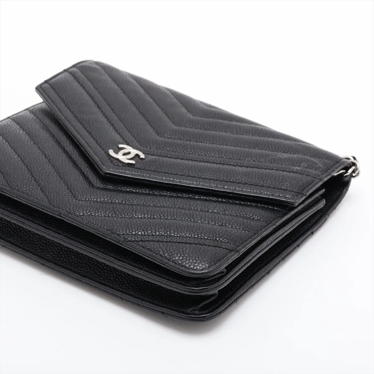 Chevron Caviar Skin Chain Wallet, V-stitch, Black, Silver Hardware, 24737656, Serial Number 24 — view 3