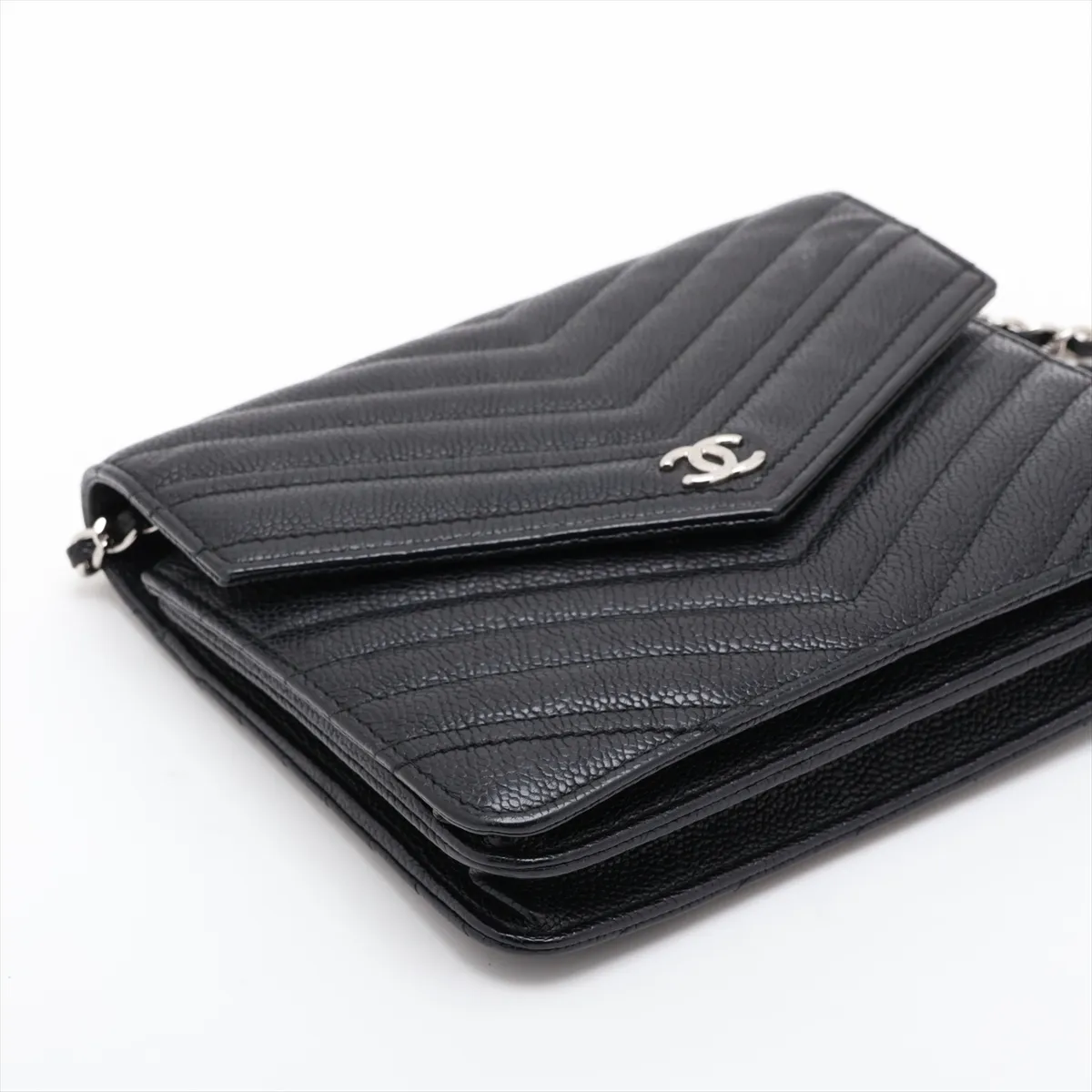 Chevron Caviar Skin Chain Wallet, V-stitch, Black, Silver Hardware, 24737656, Serial Number 24 — view 4