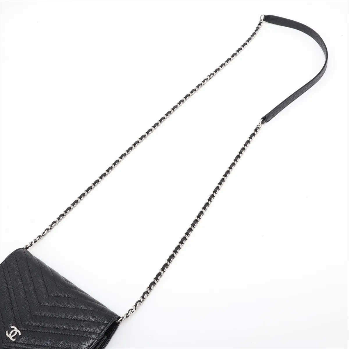 Chevron Caviar Skin Chain Wallet, V-stitch, Black, Silver Hardware, 24737656, Serial Number 24 — view 5