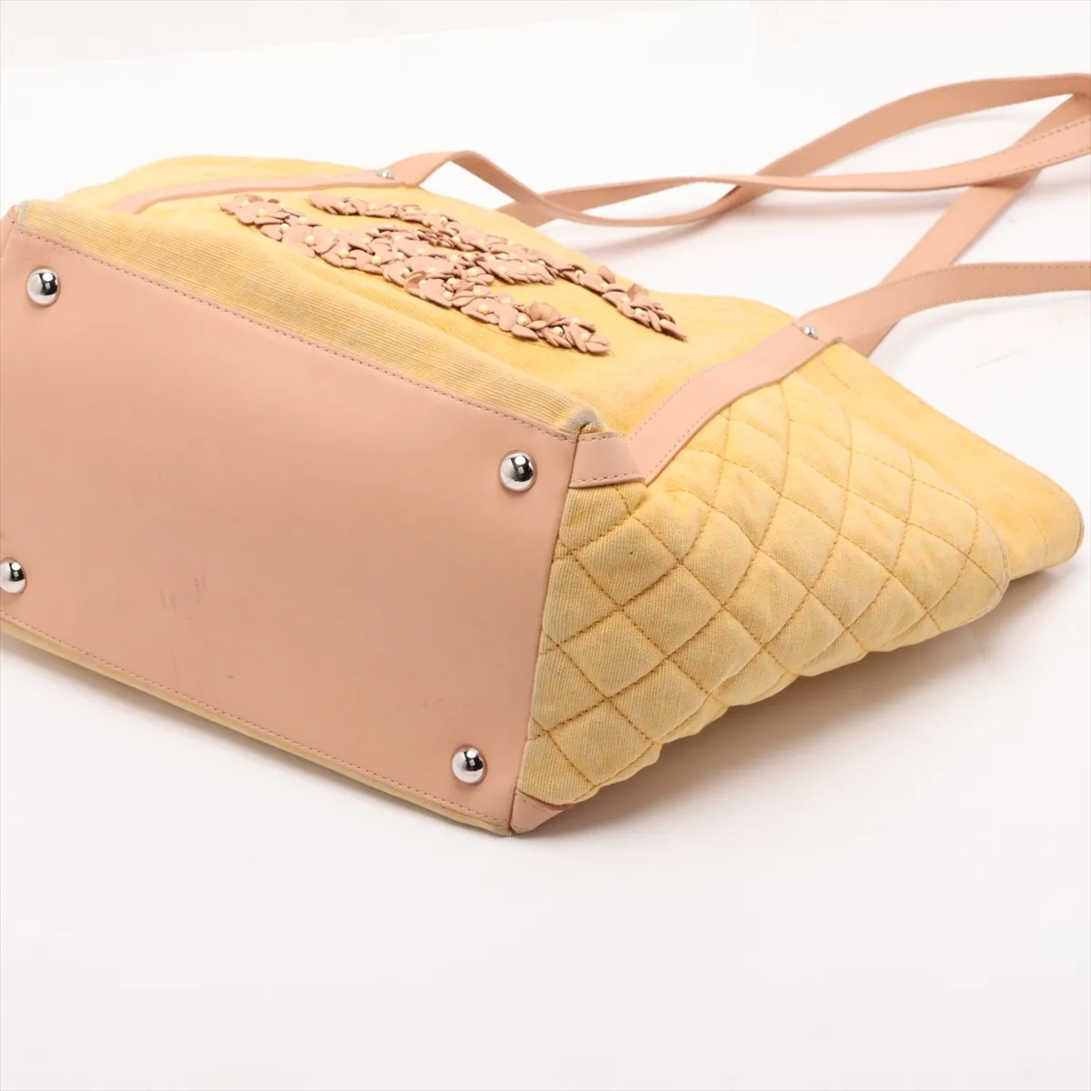 Matelassé Denim x Leather Tote Bag, Camellia design, Yellow x Beige, Silver hardware, Item number 14420634, Series 14 — view 3