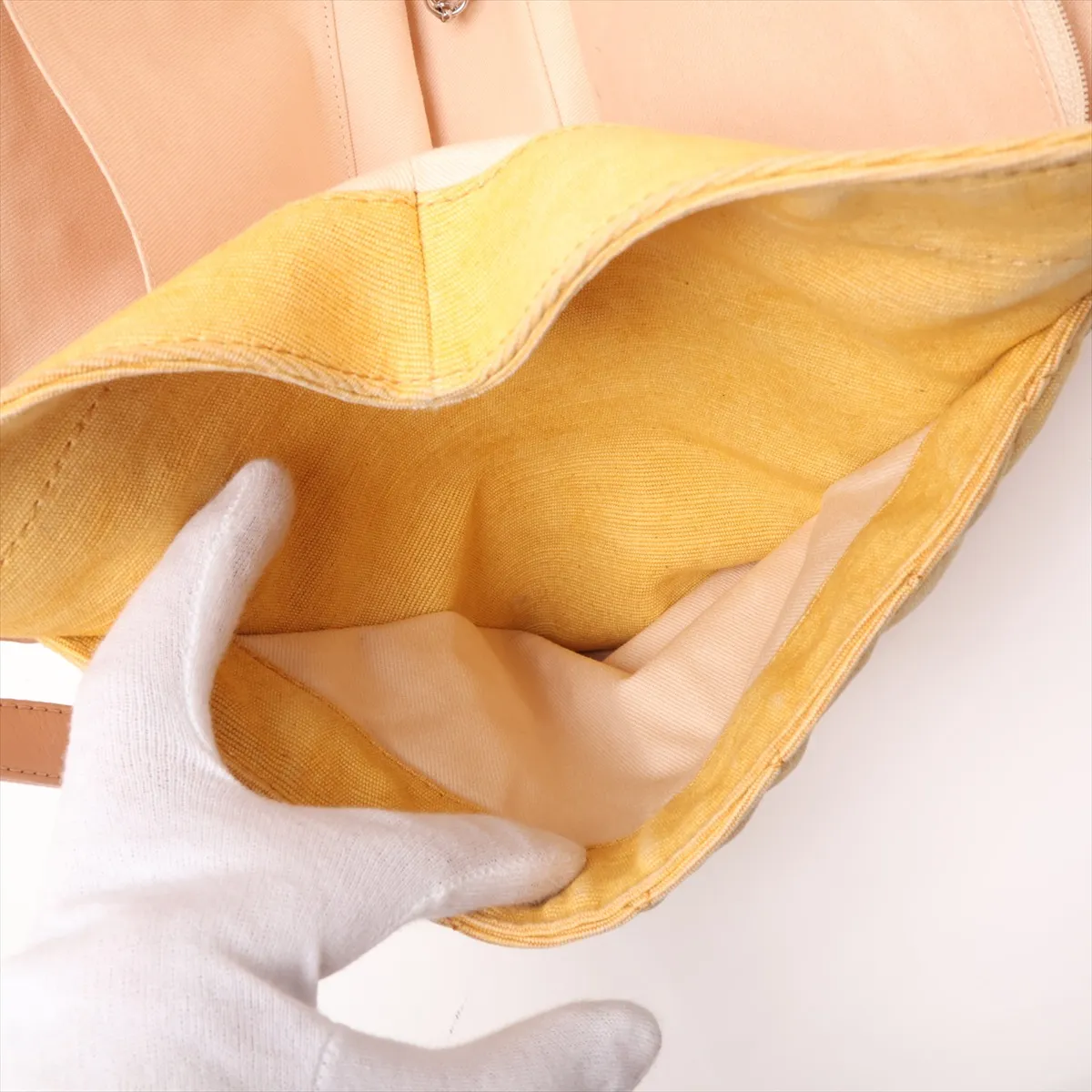 Matelassé Denim x Leather Tote Bag, Camellia design, Yellow x Beige, Silver hardware, Item number 14420634, Series 14 — view 10
