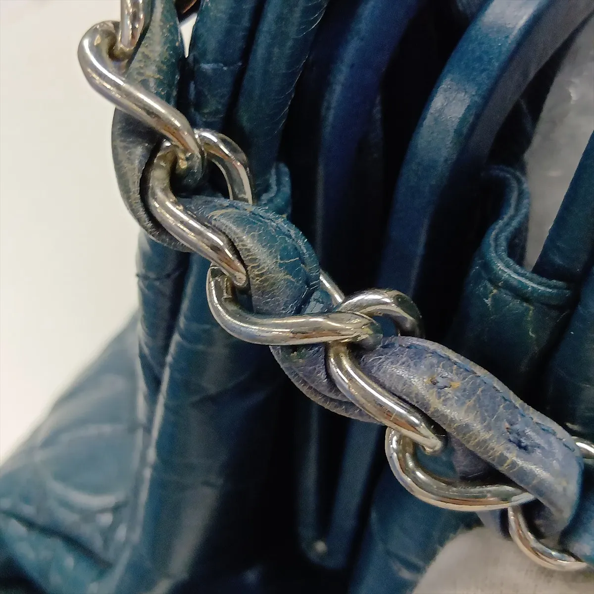Mademoiselle Vintage Calf Chain Tote Bag, Blue-Green, Silver Hardware, 15790960, Serial Number 15 — view 15