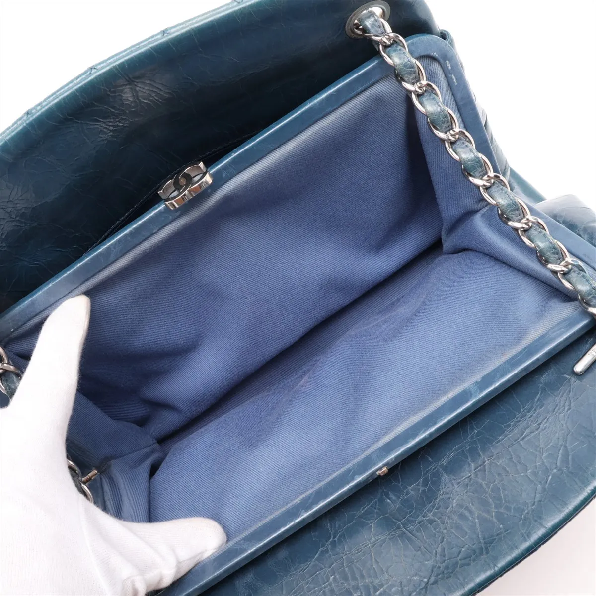 Mademoiselle Vintage Calf Chain Tote Bag, Blue-Green, Silver Hardware, 15790960, Serial Number 15 — view 9