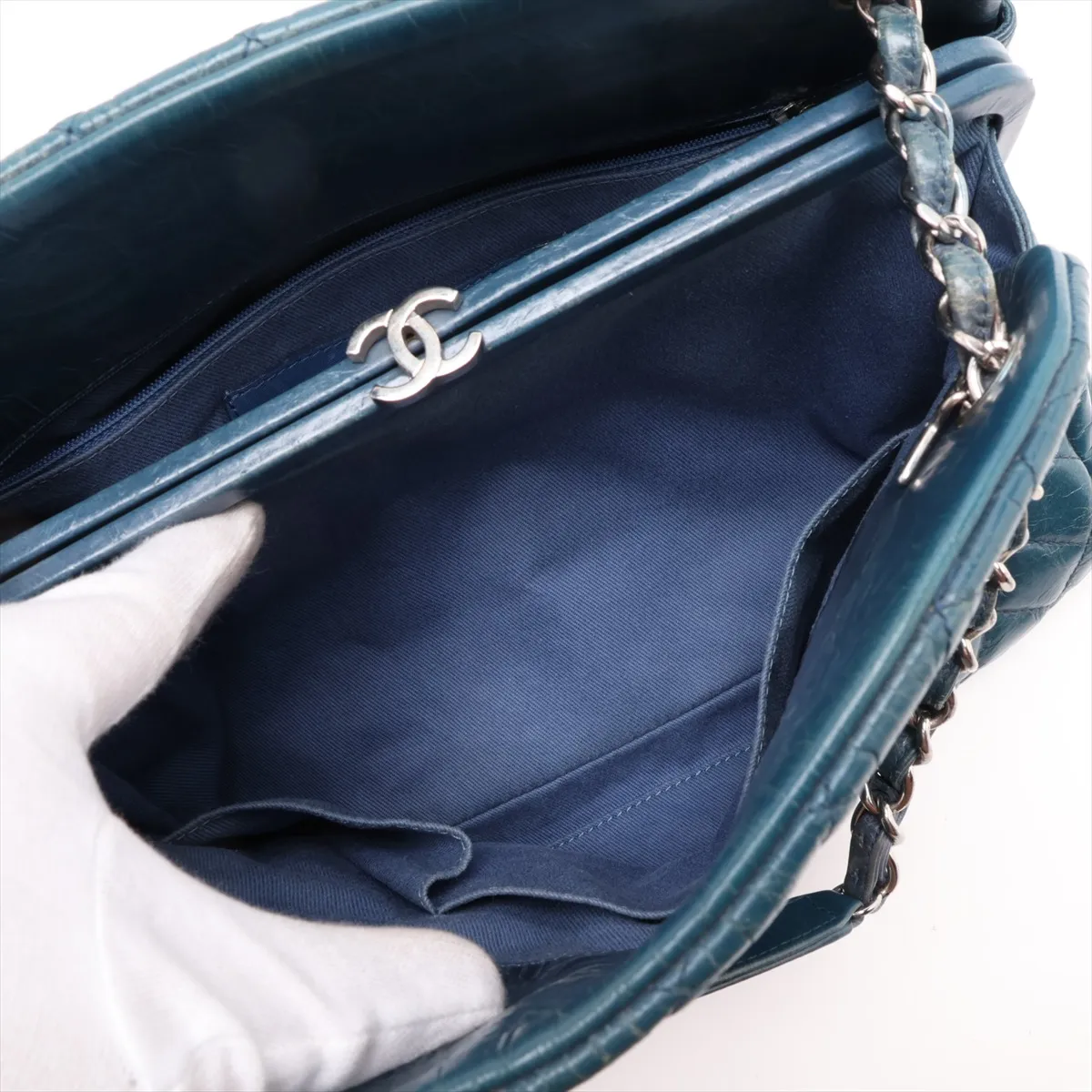 Mademoiselle Vintage Calf Chain Tote Bag, Blue-Green, Silver Hardware, 15790960, Serial Number 15 — view 10
