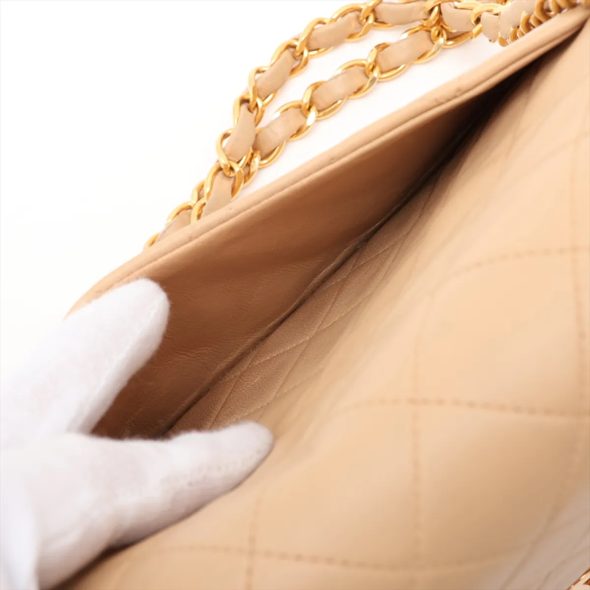 Matelassé 25 Lambskin Double Flap Double Chain Bag, Beige, Gold Hardware, A01112 — view 12