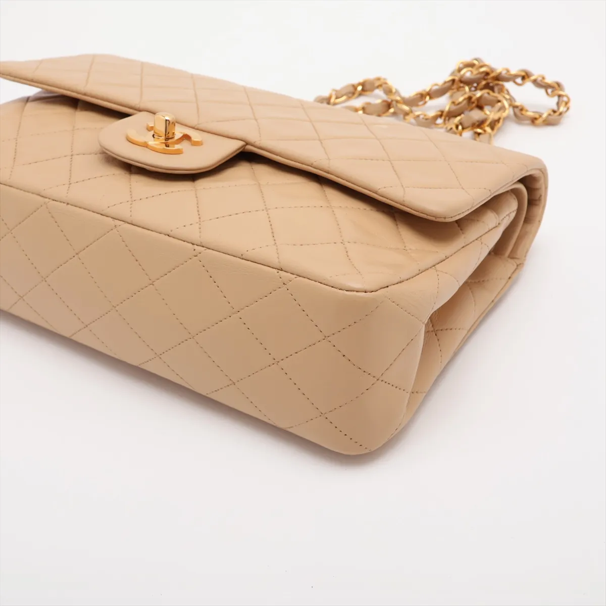 Matelassé 25 Lambskin Double Flap Double Chain Bag, Beige, Gold Hardware, A01112 — view 3