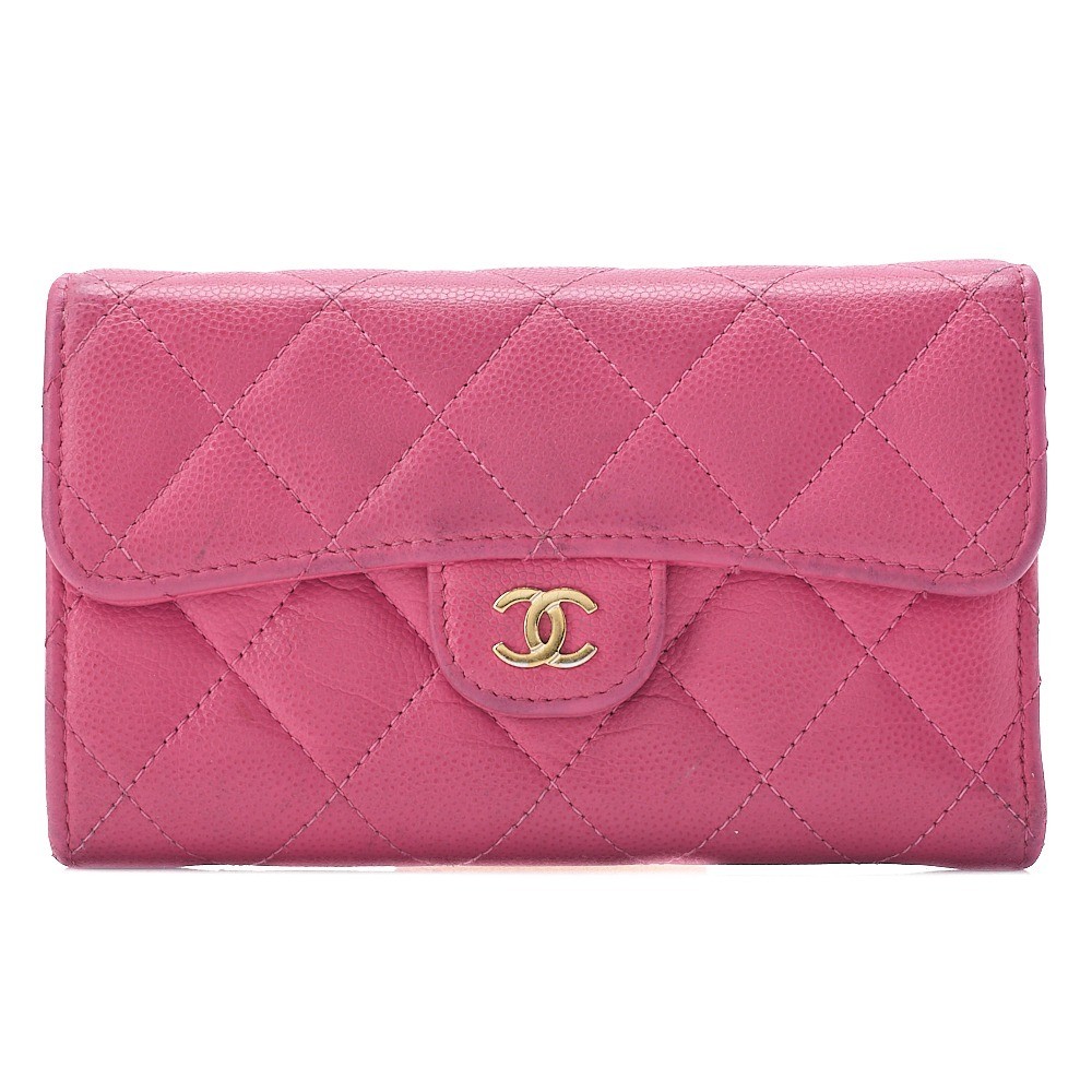 Caviar leather tri-fold wallet, pink, gold hardware, random serial number.