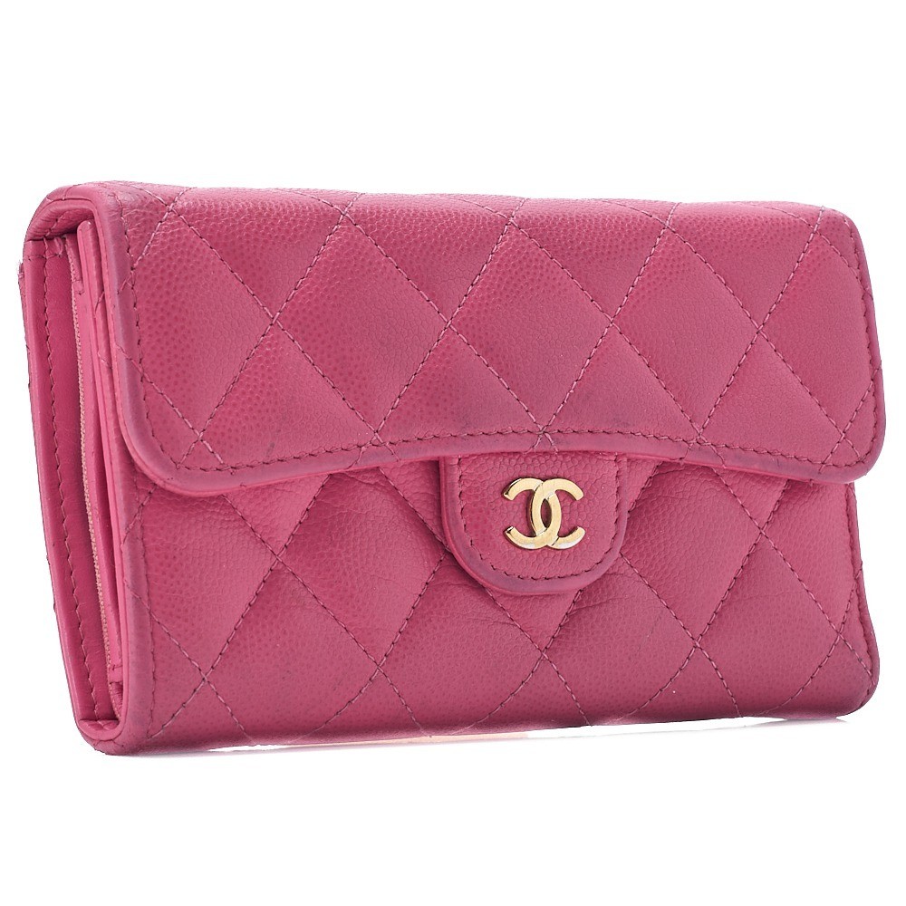 Caviar leather tri-fold wallet, pink, gold hardware, random serial number. — view 3