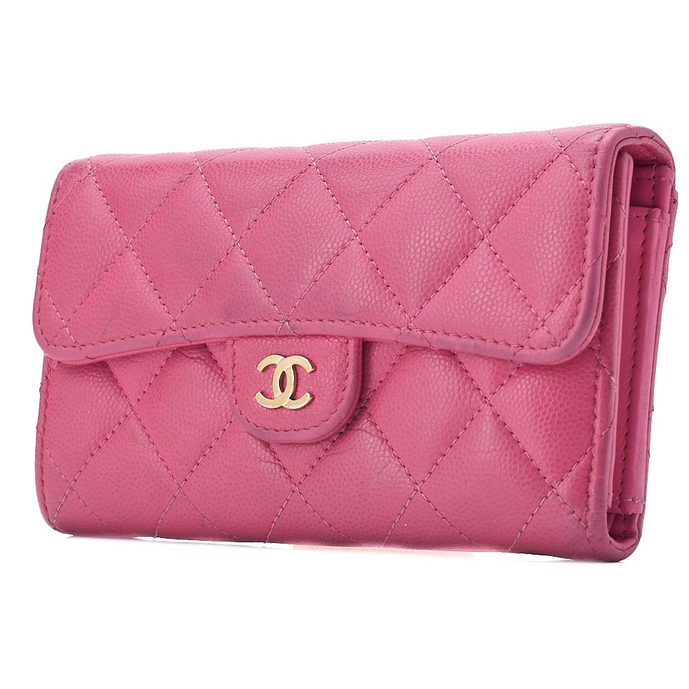 Caviar leather tri-fold wallet, pink, gold hardware, random serial number. — view 4