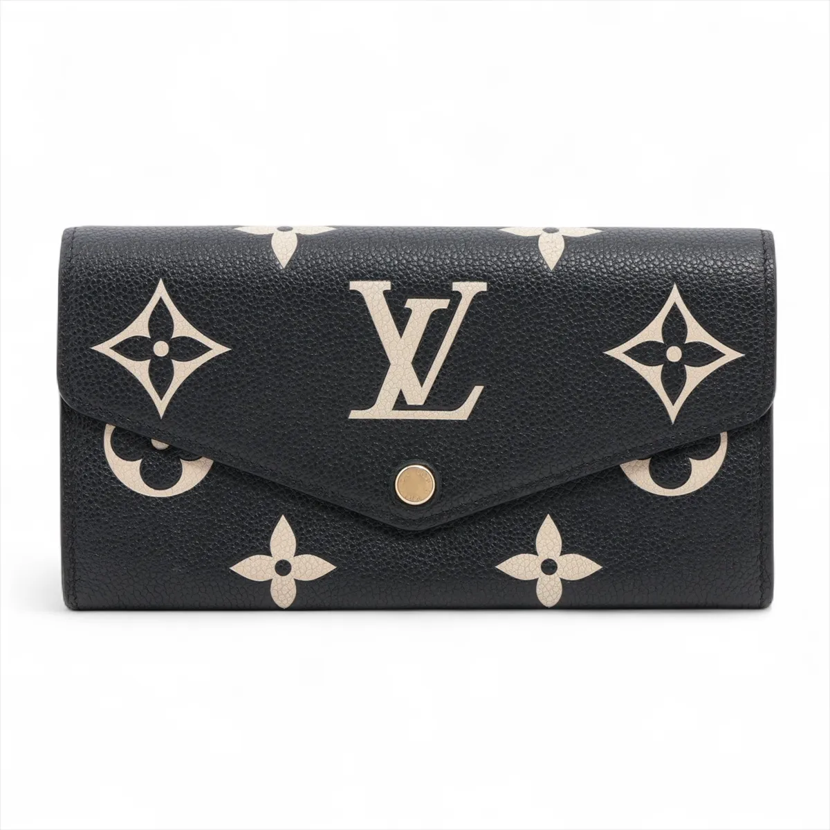 Bicolor Monogram Empreinte Portefeuille Sarah M80496 Noir x Cream Long Wallet with Initials; RFID detected.
