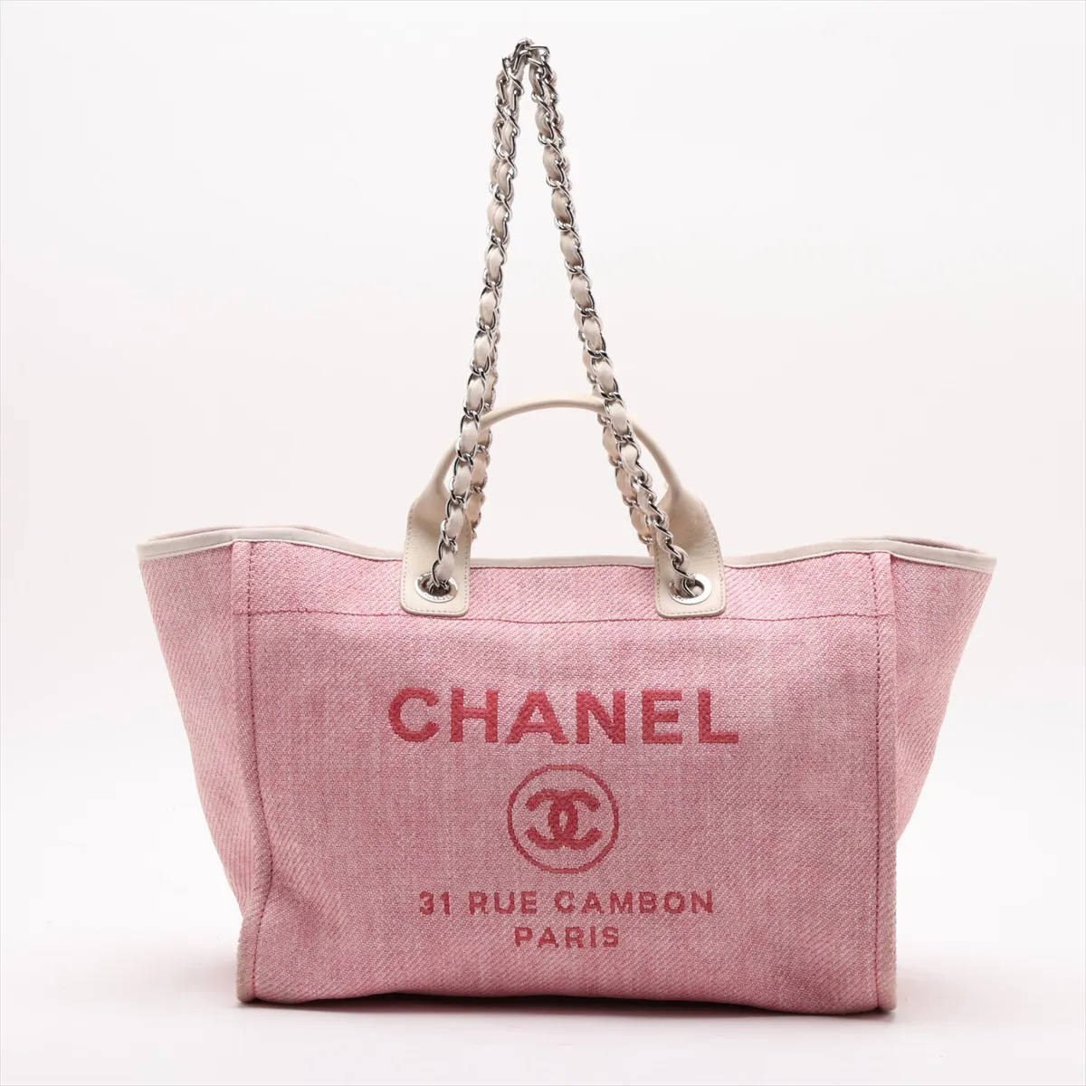 Deauville GM Tweed x Leather 2-Way Tote Bag, Pink, Silver Hardware