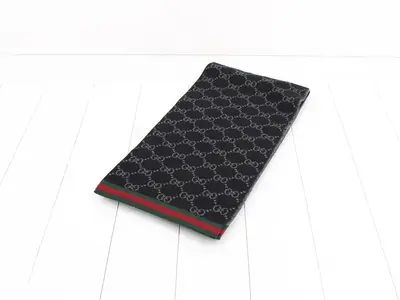 GG pattern scarf, with sherry trim, gray and black.