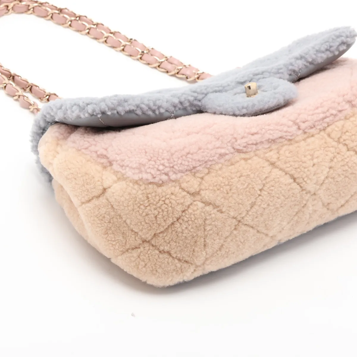 Matelassé Boa x Leather Single Flap Double Chain Bag, Gray with Gold Hardware, 28238663 (Serial Number 28) — view 4