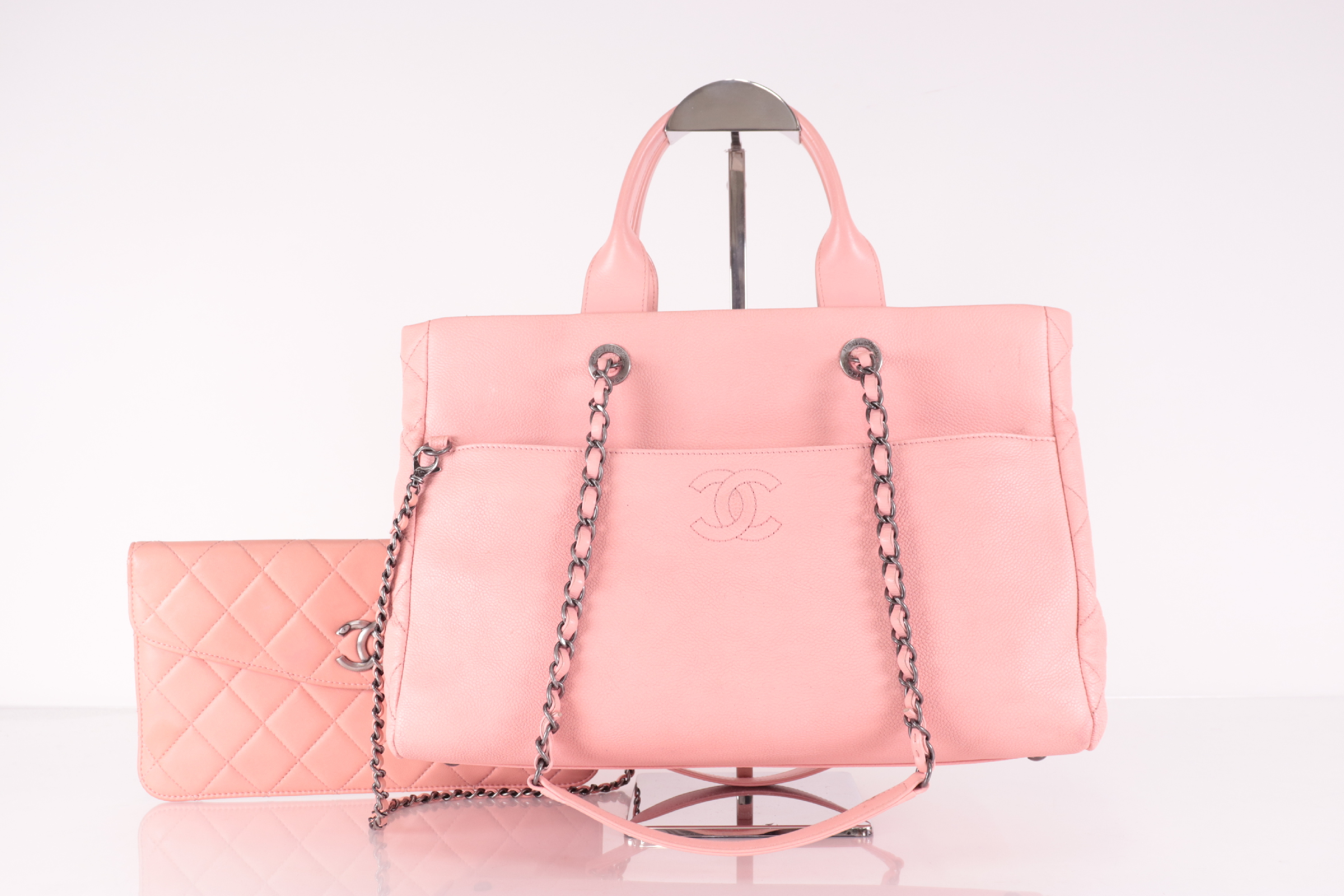Caviar Leather 2-Way Tote Bag, Pink, Silver Hardware, Series 22 — view 3