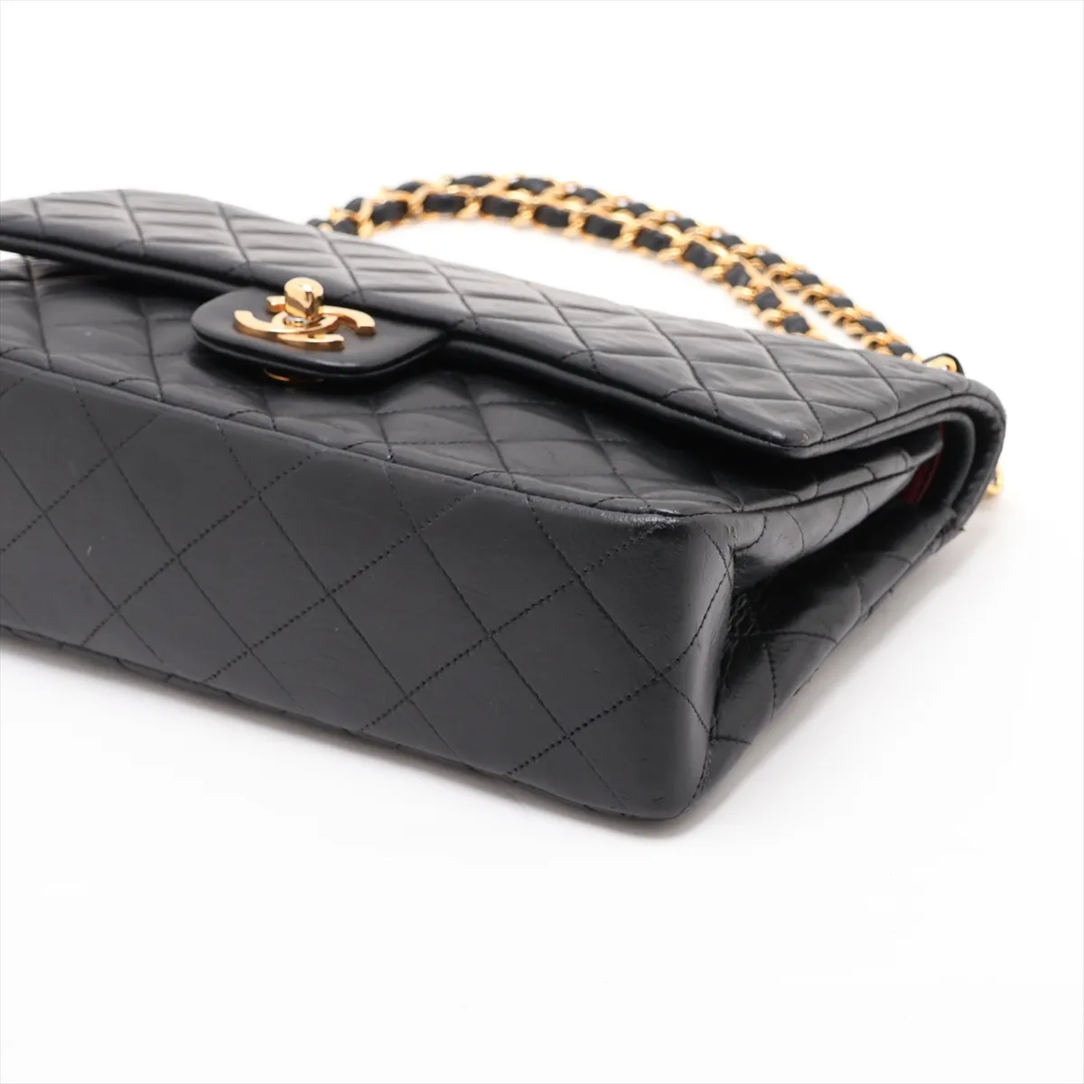 Matelassé 25 Lambskin Double Flap Double Chain Bag, Black with Gold Hardware, A01112 — view 3