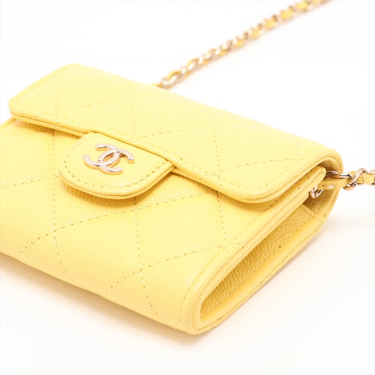 Mini Matelassé Caviar Skin Chain Wallet, Yellow Leather, Gold Hardware, AX12GK6C, Random Serial Number — view 3