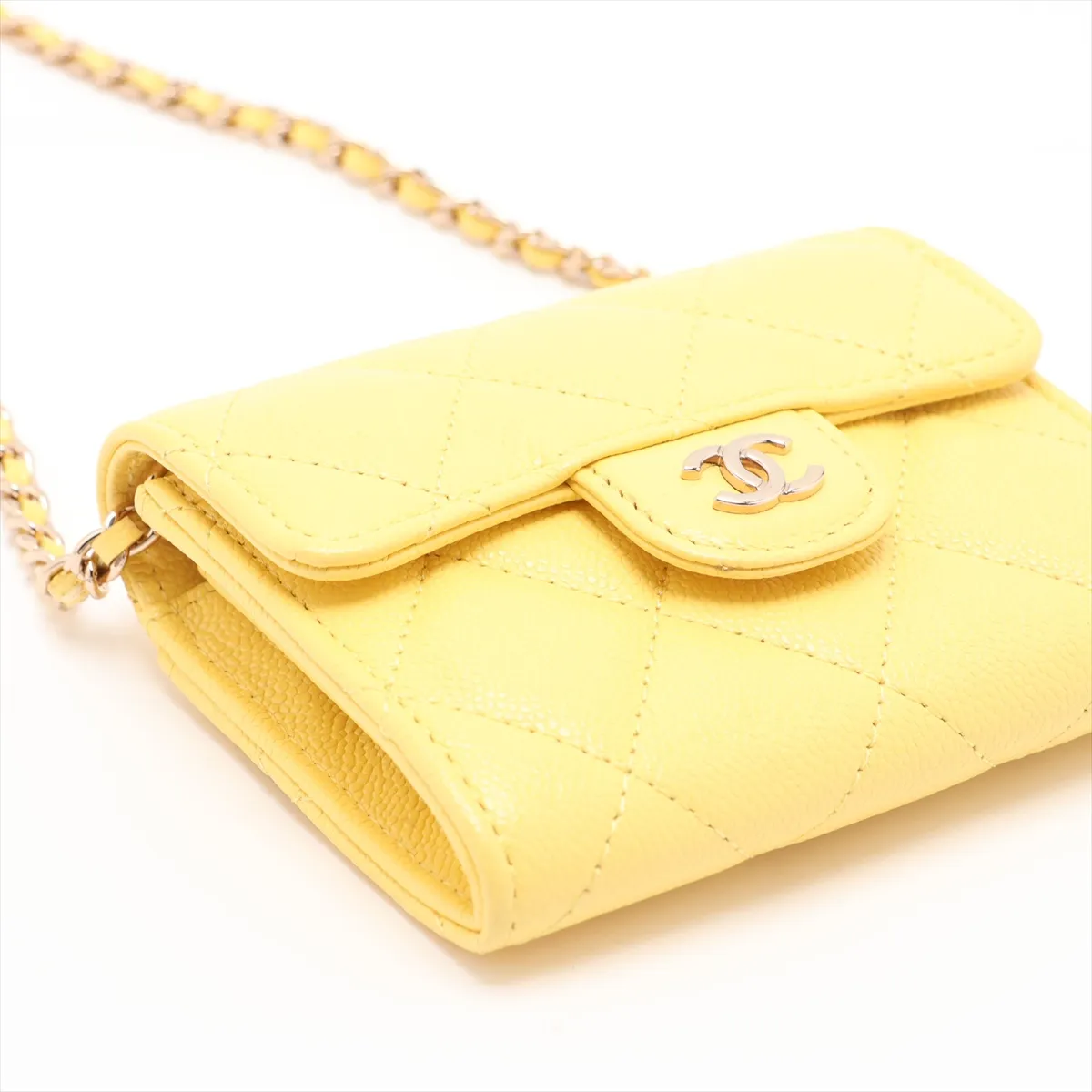 Mini Matelassé Caviar Skin Chain Wallet, Yellow Leather, Gold Hardware, AX12GK6C, Random Serial Number — view 4
