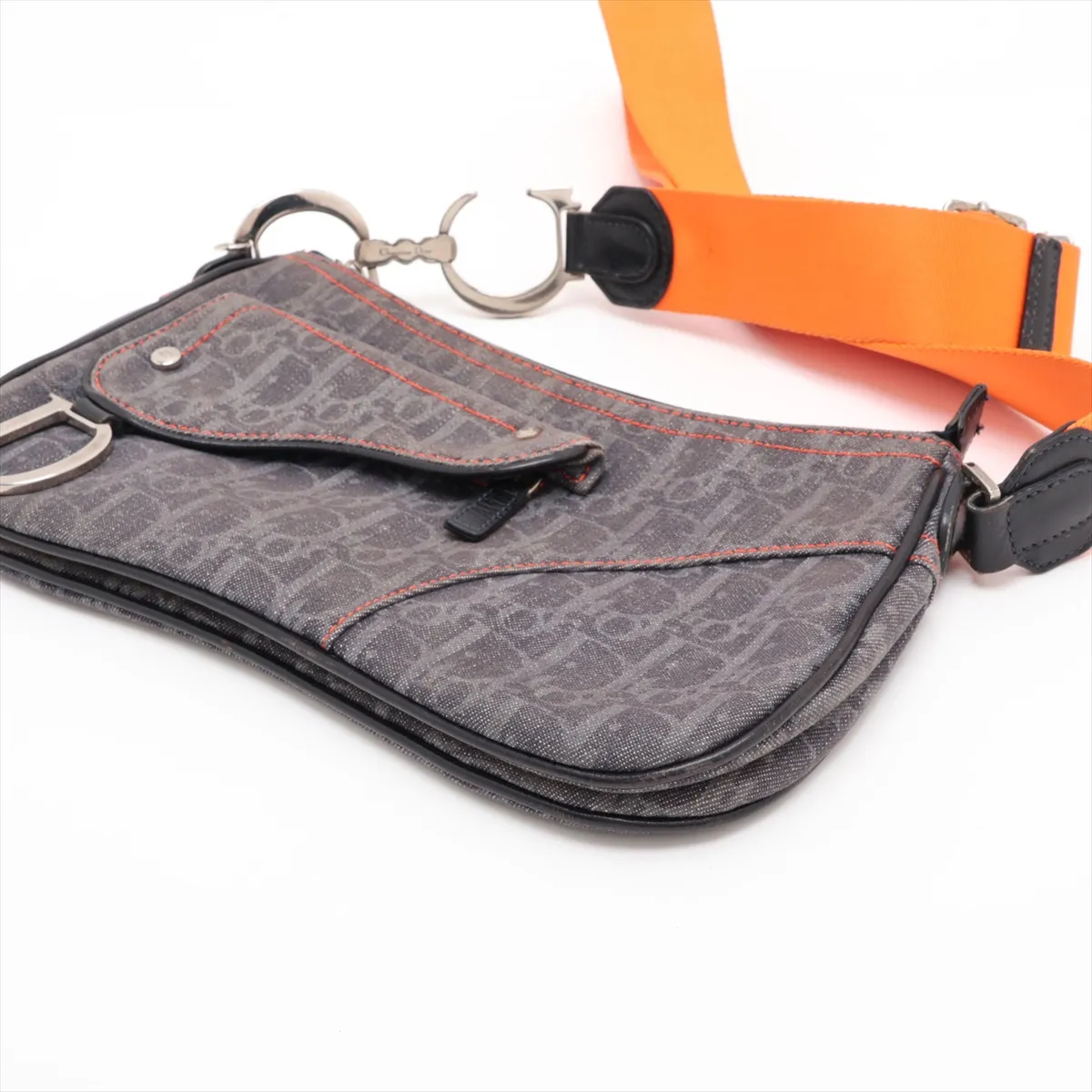 Trotter Flight Line Canvas x Leather Shoulder Bag, Navy x Orange — view 3