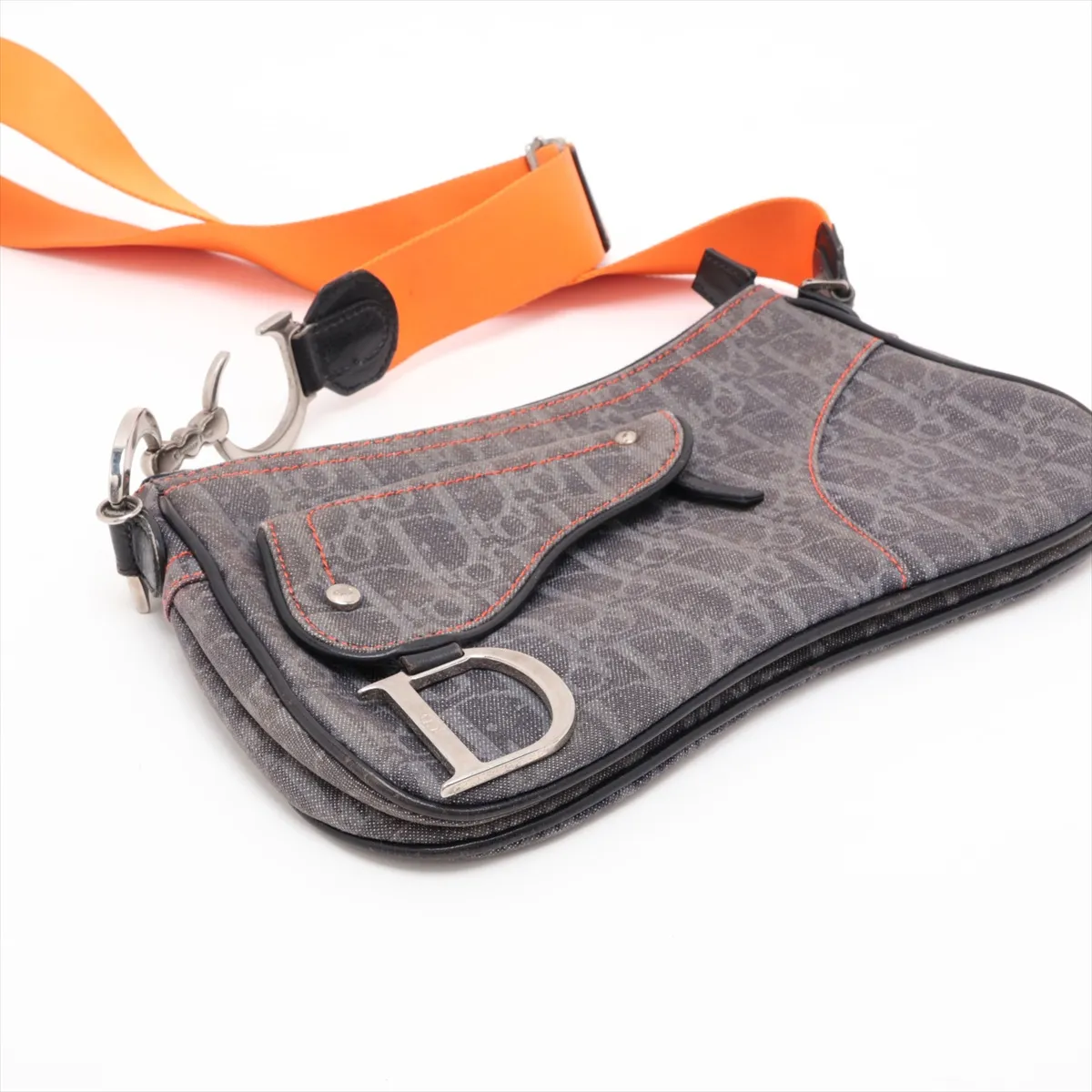Trotter Flight Line Canvas x Leather Shoulder Bag, Navy x Orange — view 4