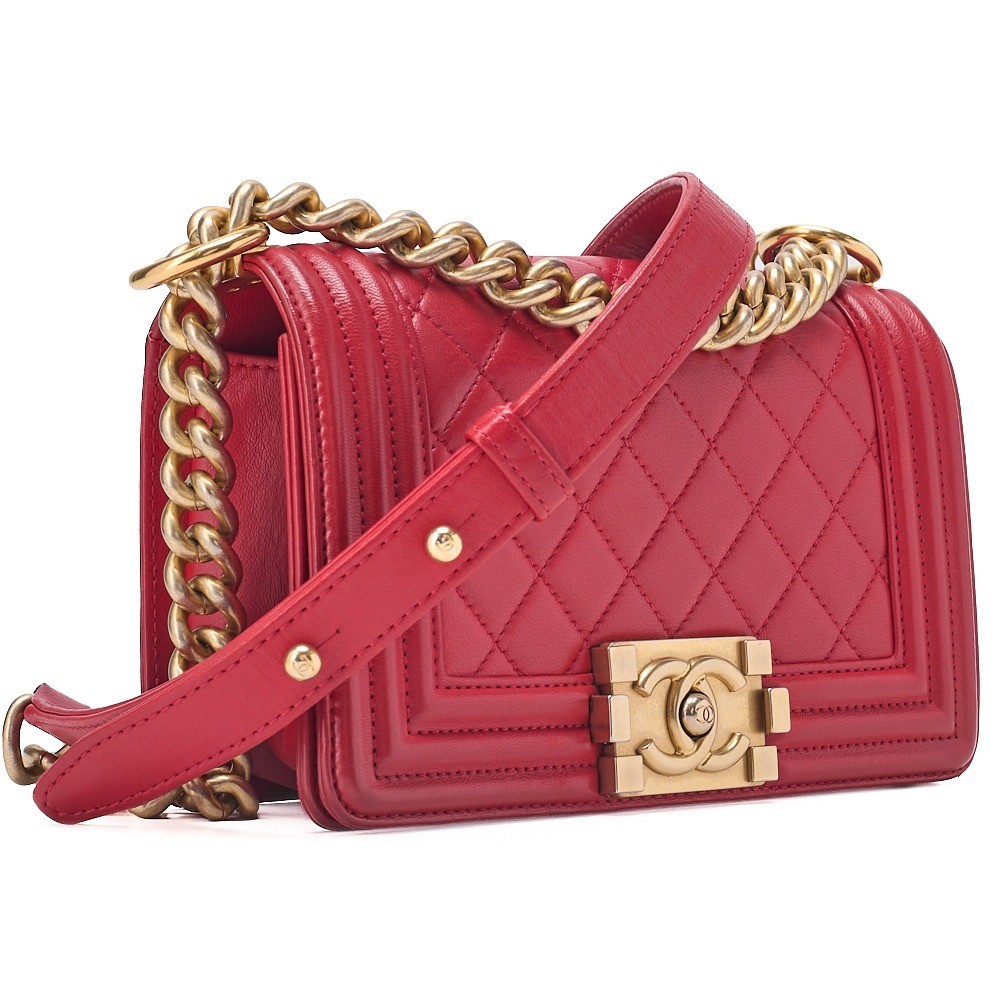 Lambskin Matelassé Boy Chanel 20 Chain Shoulder Bag, Red, Gold Hardware — view 3