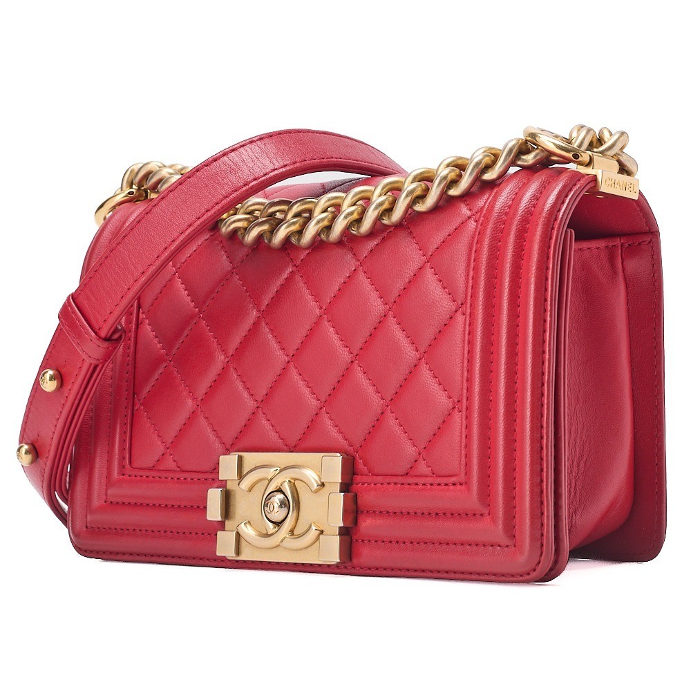 Lambskin Matelassé Boy Chanel 20 Chain Shoulder Bag, Red, Gold Hardware — view 4