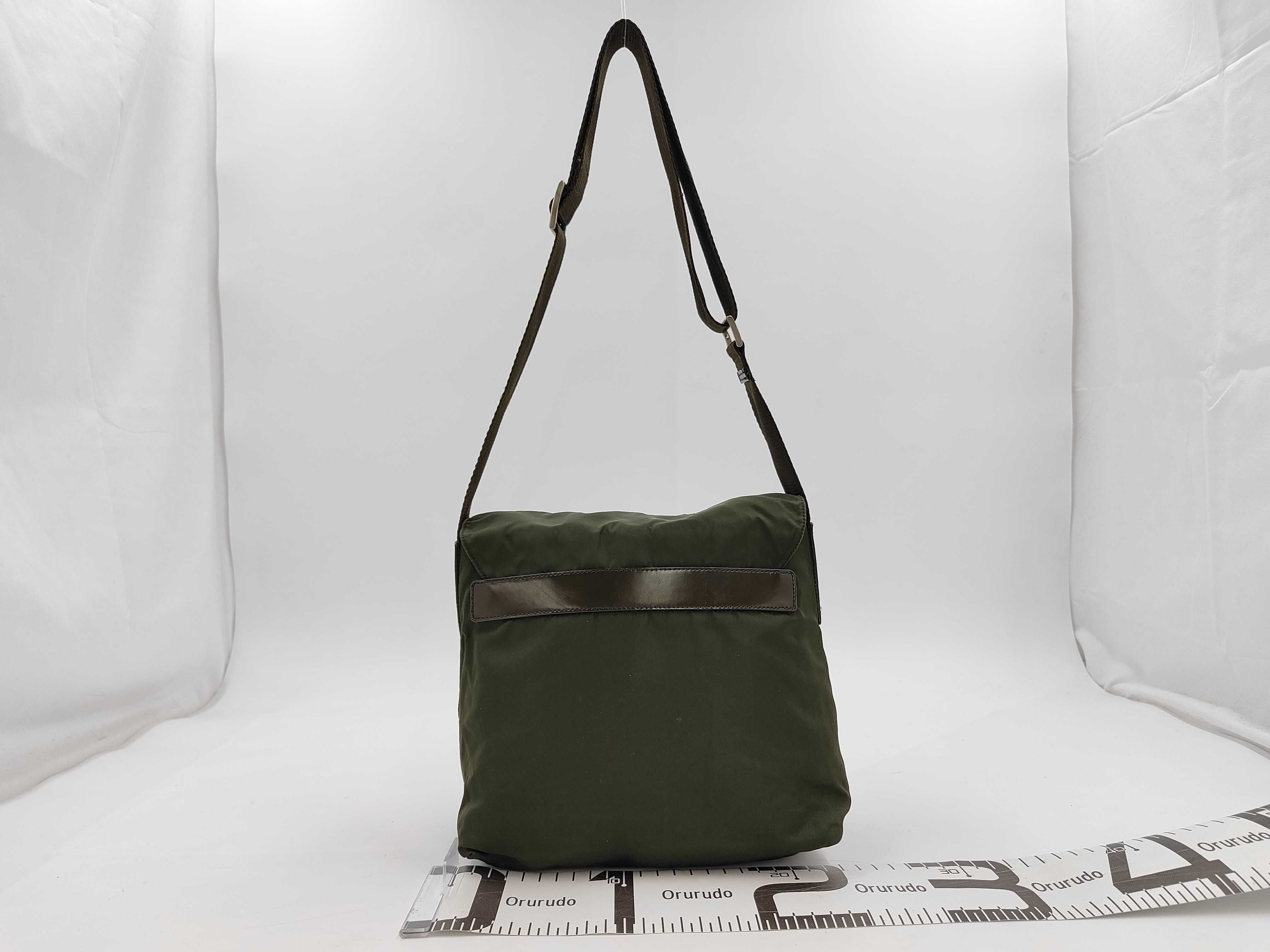 Nylon Shoulder Bag with Triangle Plate and Silver Hardware, B5469F, Khaki — view 2