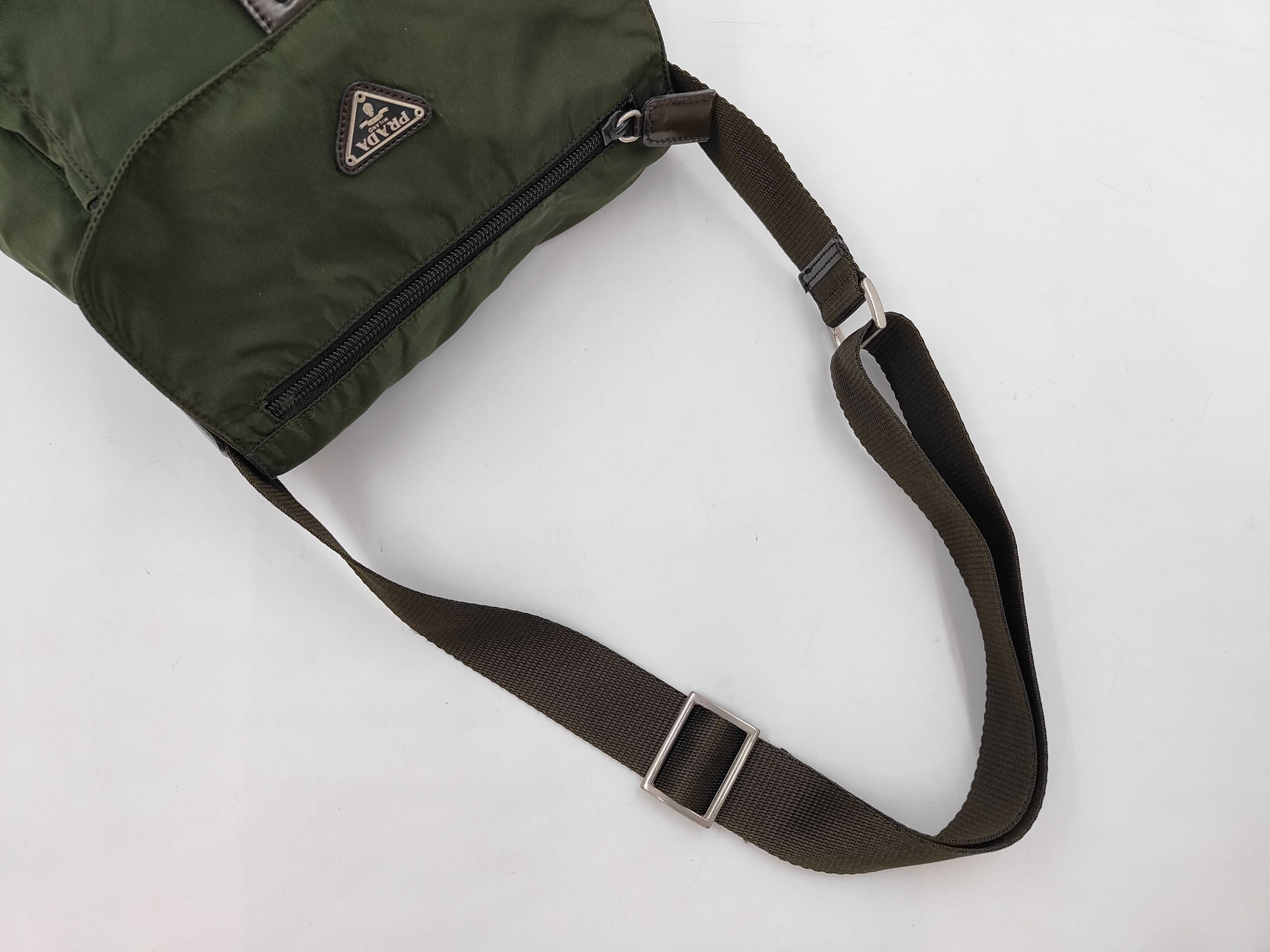 Nylon Shoulder Bag with Triangle Plate and Silver Hardware, B5469F, Khaki — view 3
