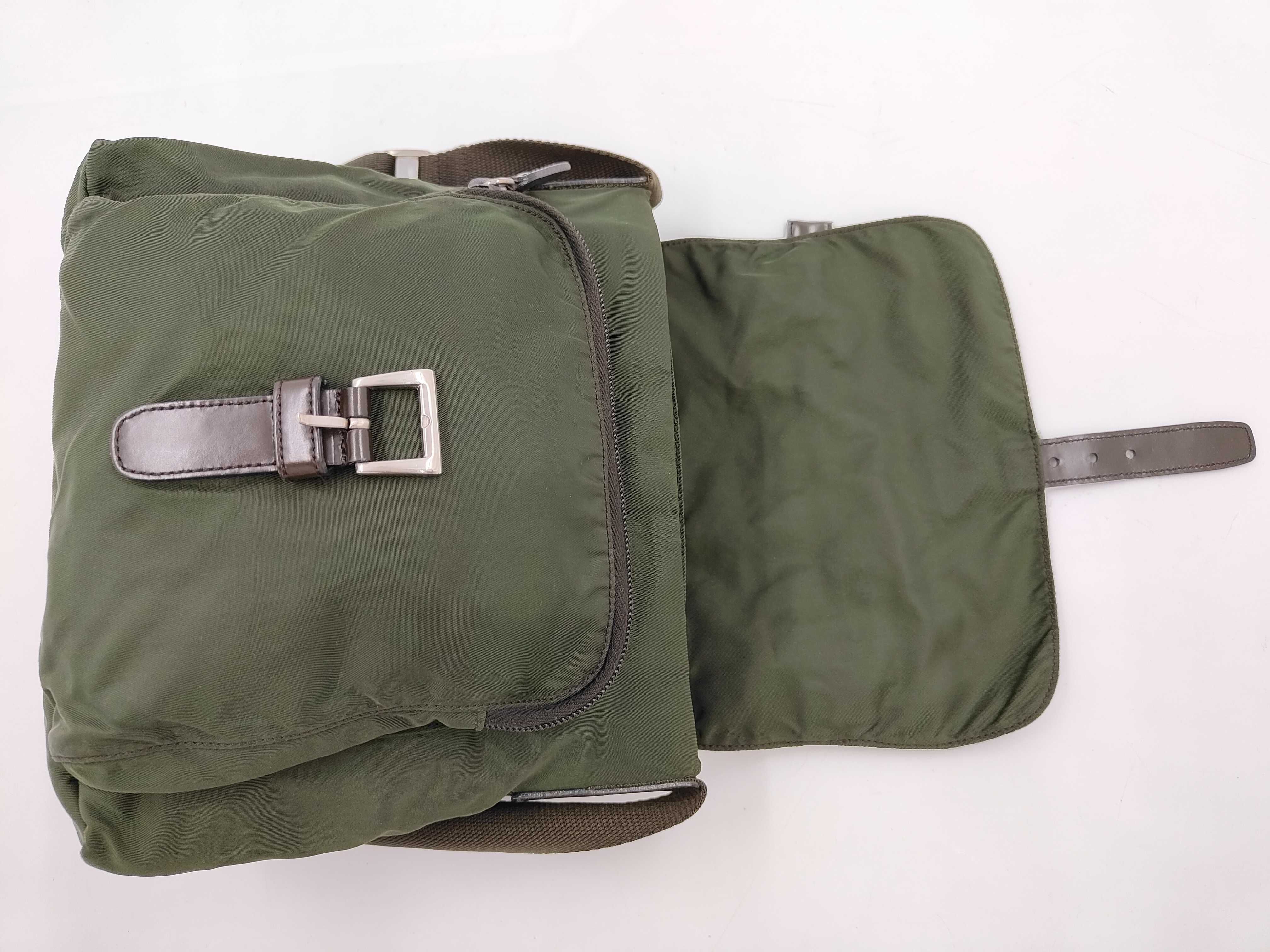 Nylon Shoulder Bag with Triangle Plate and Silver Hardware, B5469F, Khaki — view 8