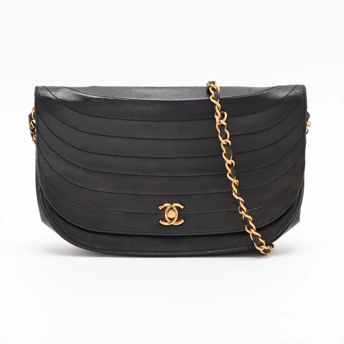 Wave Stitch Lambskin Chain Shoulder Bag, Half Moon, Black, Gold Hardware