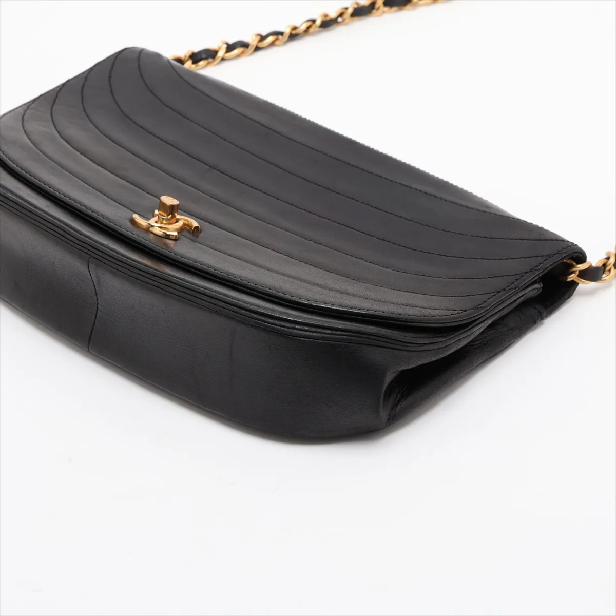 Wave Stitch Lambskin Chain Shoulder Bag, Half Moon, Black, Gold Hardware — view 3