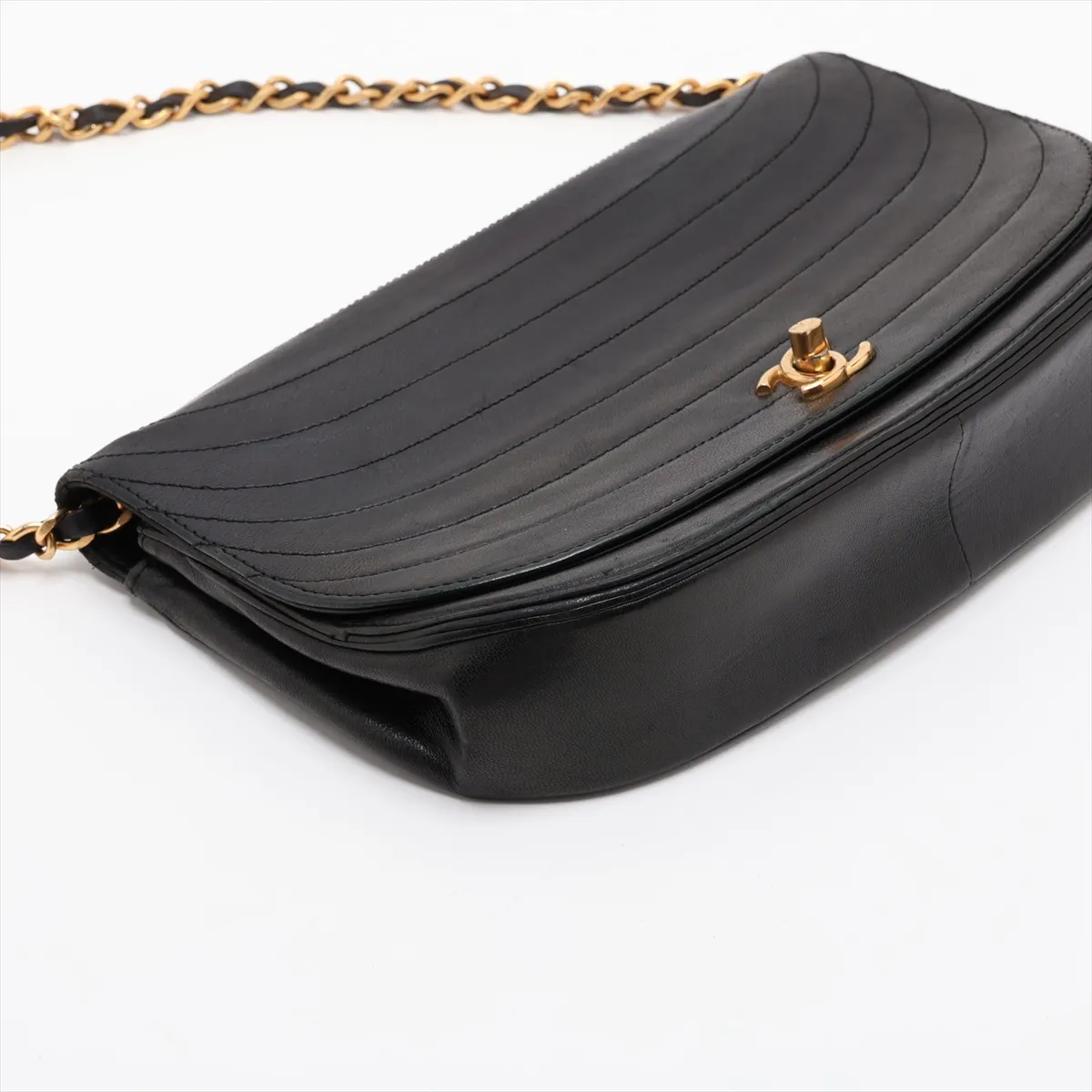 Wave Stitch Lambskin Chain Shoulder Bag, Half Moon, Black, Gold Hardware — view 4