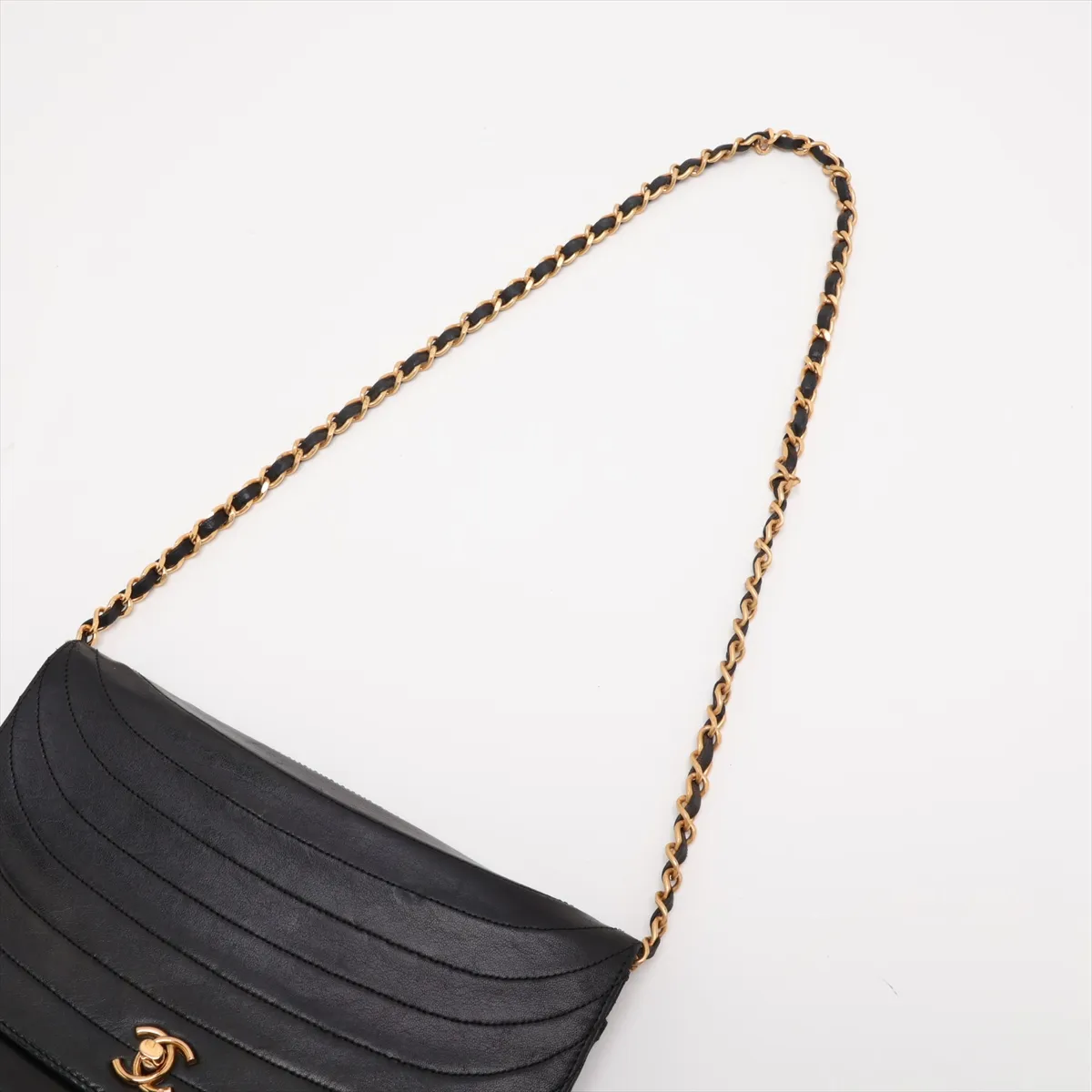 Wave Stitch Lambskin Chain Shoulder Bag, Half Moon, Black, Gold Hardware — view 5