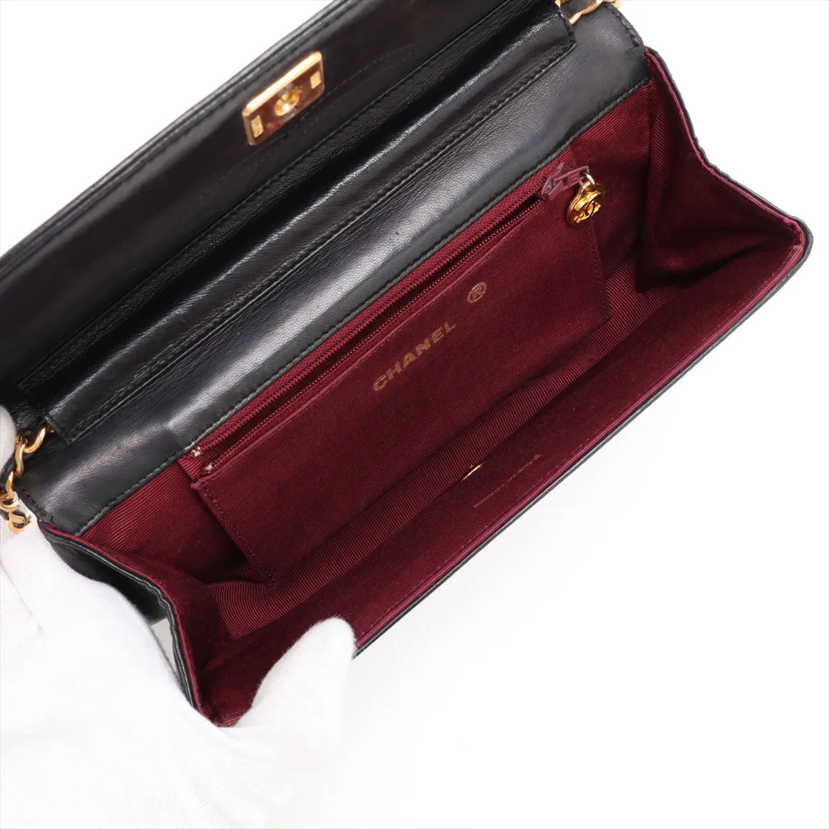 Wave Stitch Lambskin Chain Shoulder Bag, Half Moon, Black, Gold Hardware — view 6