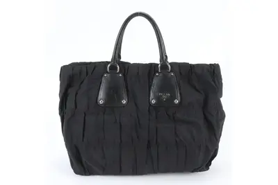 Tessuto nylon tote bag with white tag, gathered leather, shoulder bag.