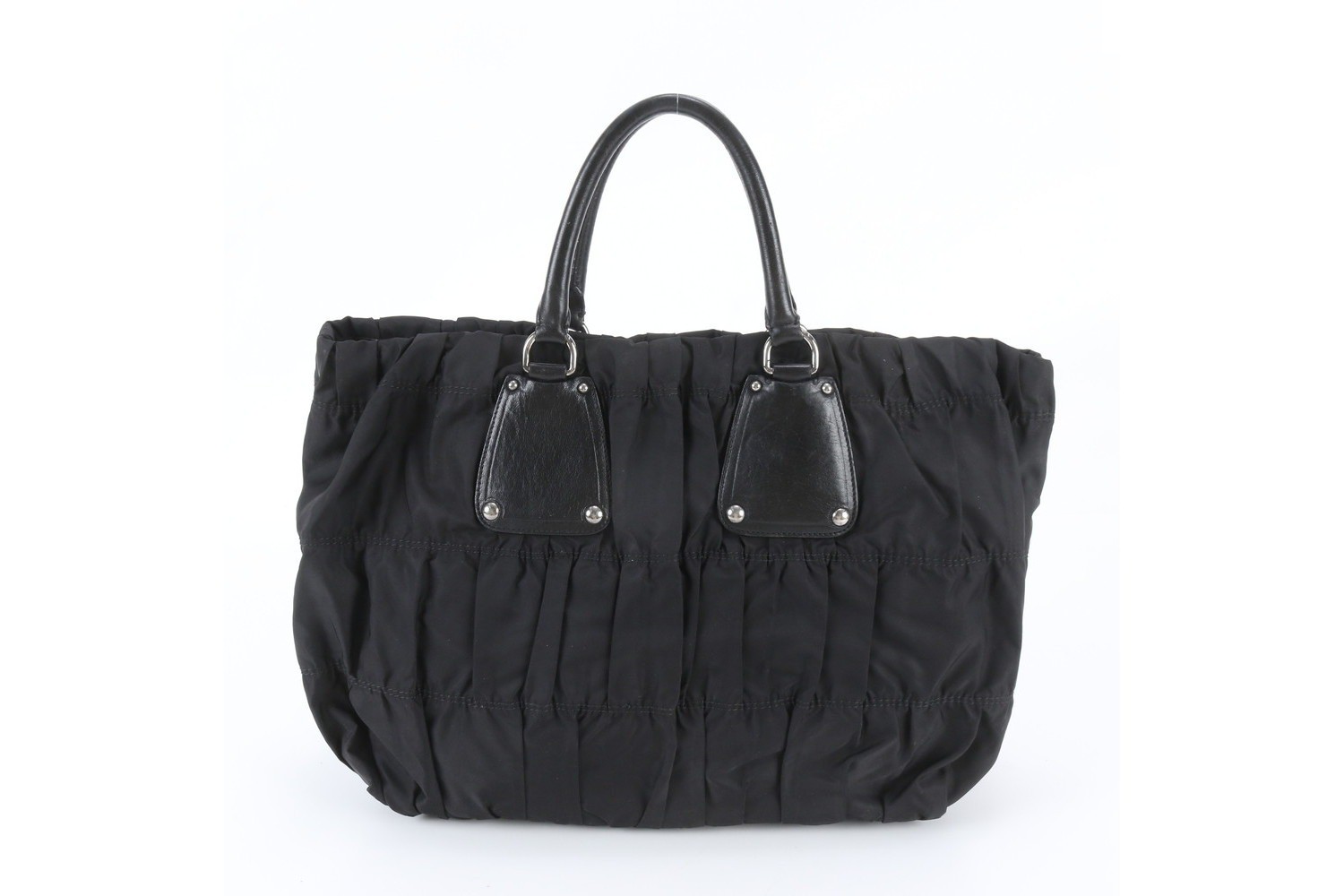 Tessuto nylon tote bag with white tag, gathered leather, shoulder bag. — view 3
