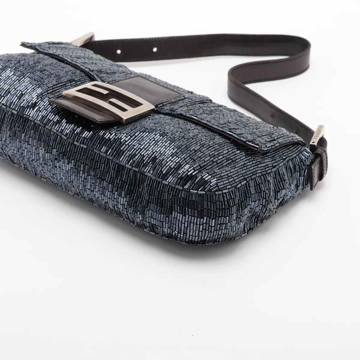 Mamma Bucket Beaded Leather Shoulder Bag, Navy, 26424, Exterior repaired by an aftermarket company. — view 3