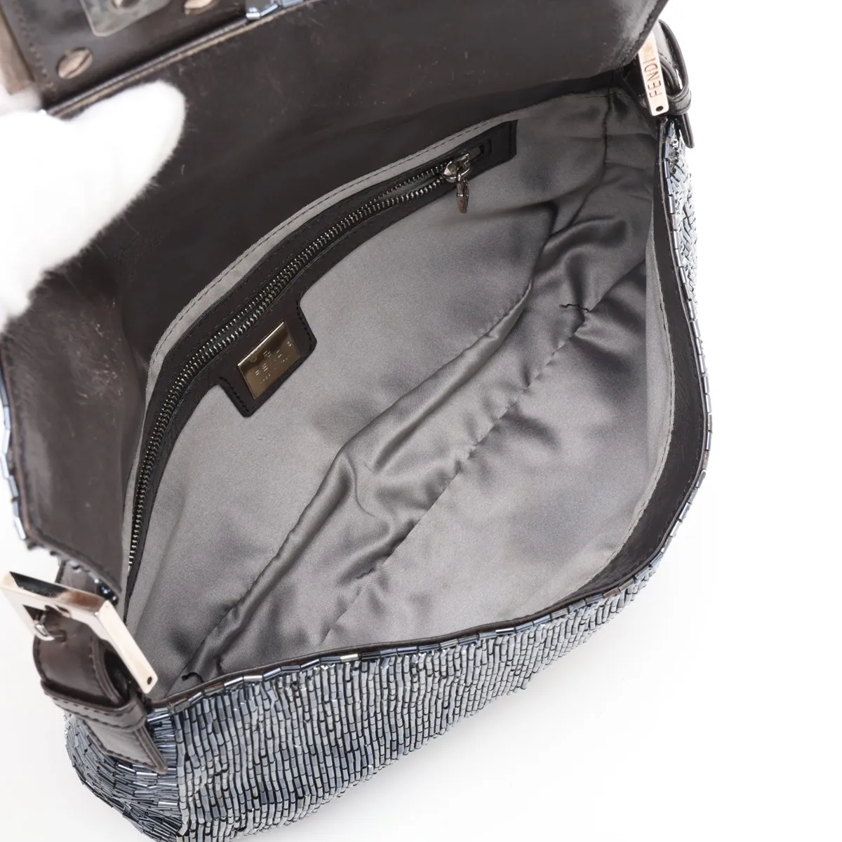 Mamma Bucket Beaded Leather Shoulder Bag, Navy, 26424, Exterior repaired by an aftermarket company. — view 7