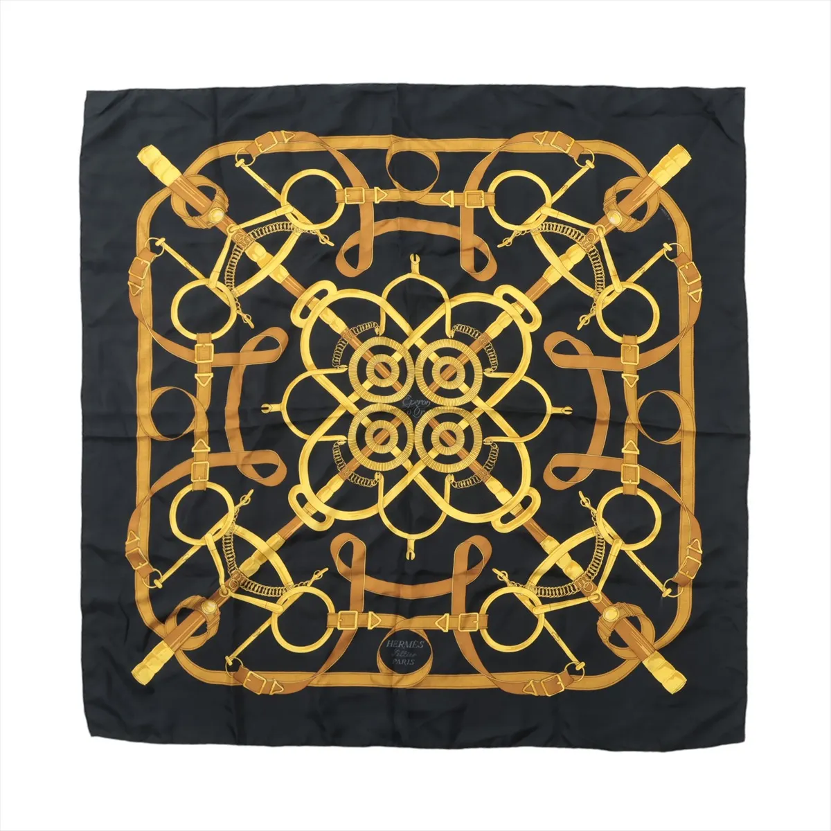 Carre 90 Eperon d'or (Golden Spur) Scarf, Silk, Black. Shows wear,