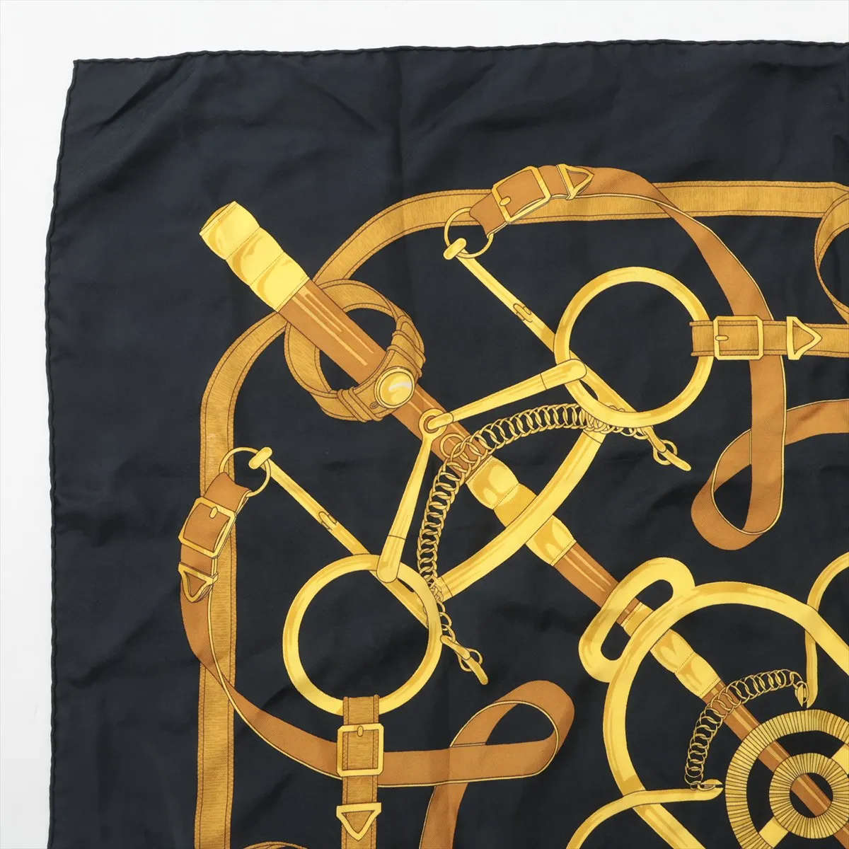 Carre 90 Eperon d'or (Golden Spur) Scarf, Silk, Black. Shows wear, — view 2